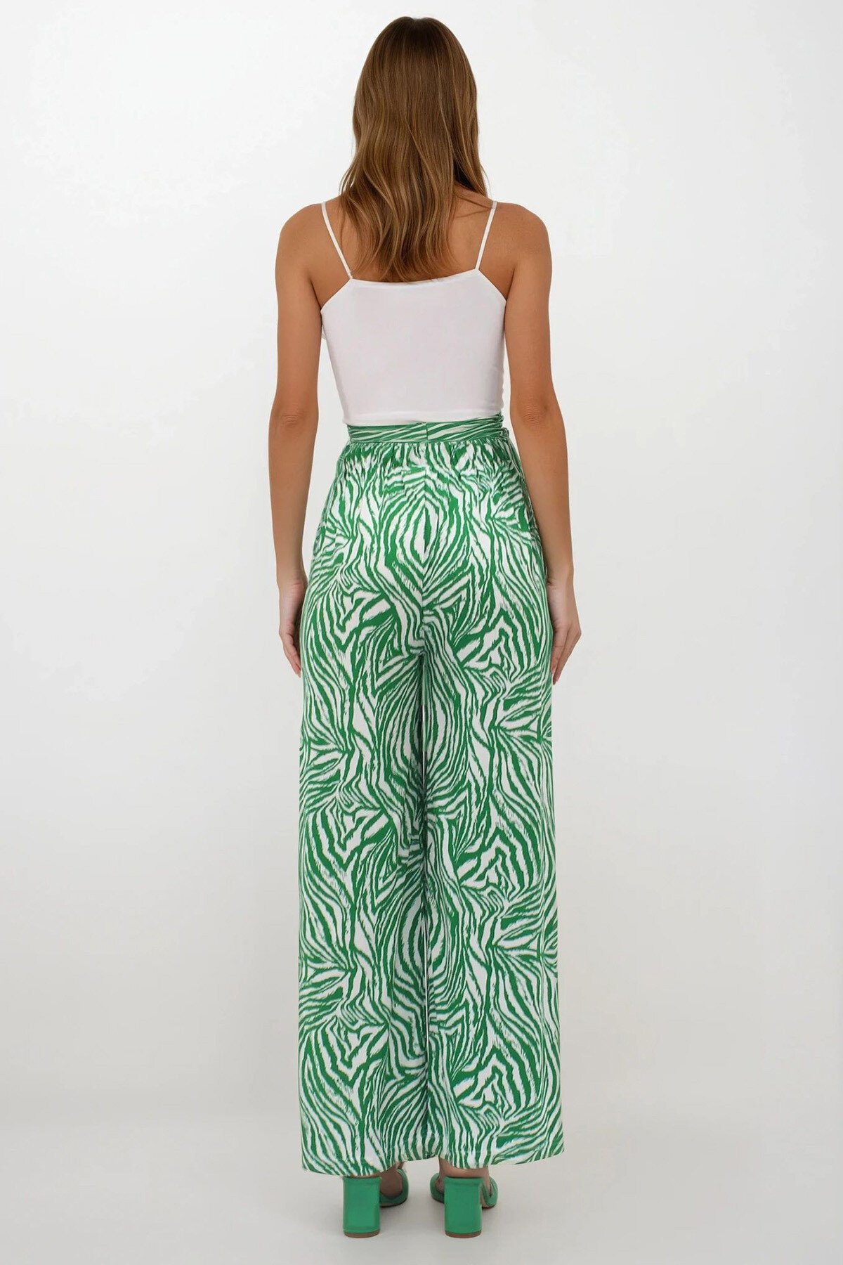 Yeşil Beli Lastikli Keten Palazzo Desenli Pantolon