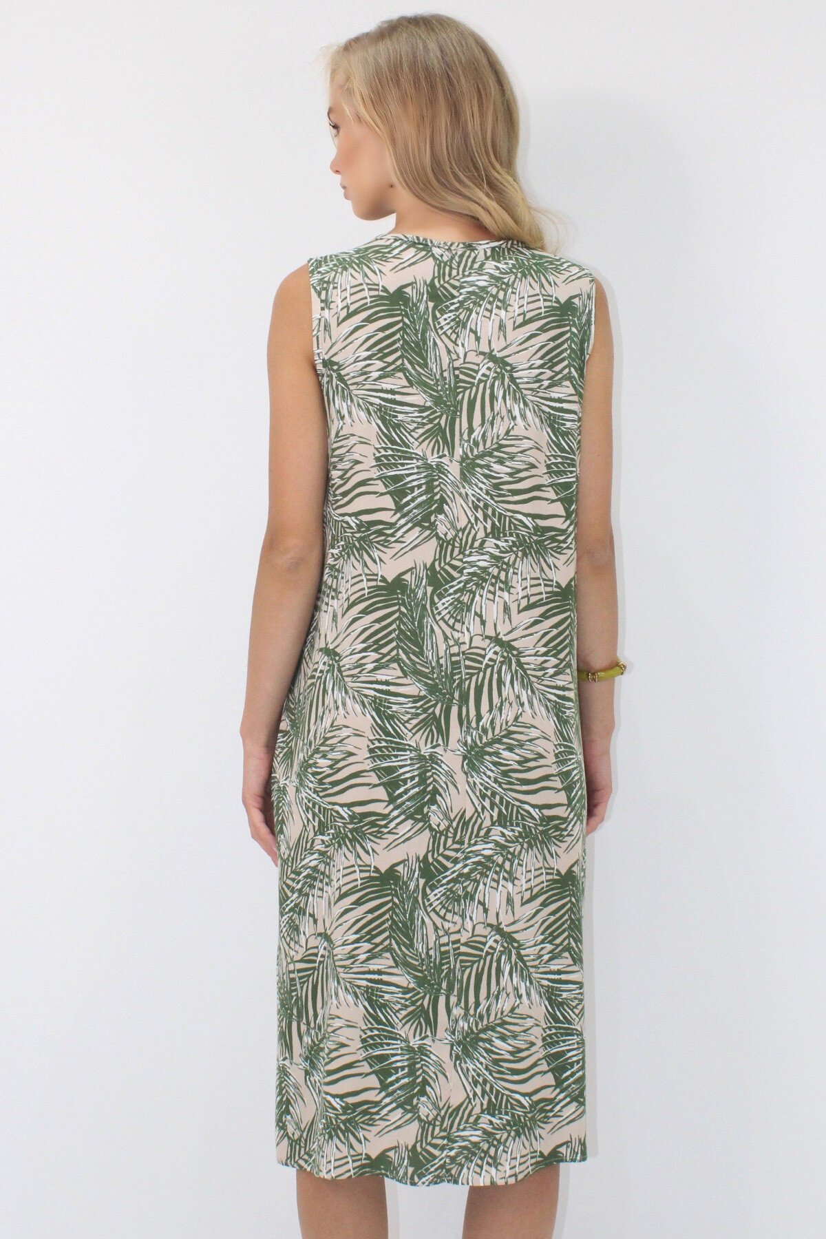 Yeşil Bisiklet Yaka Bağlama Detaylı Desenli Çift Cepli Dokuma Viskon Elbise