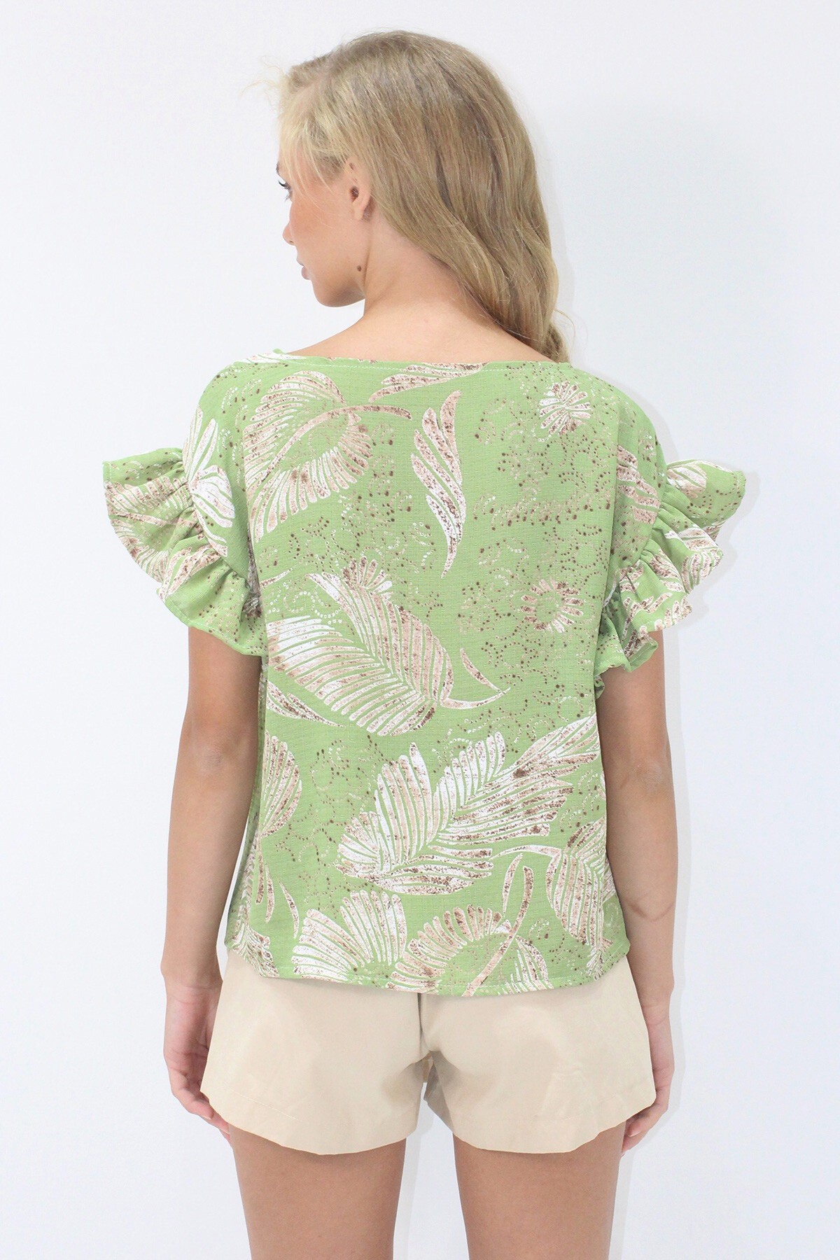 Yeşil Bisiklet Yaka Kolları Volanlı Desenli Dokuma Bluz