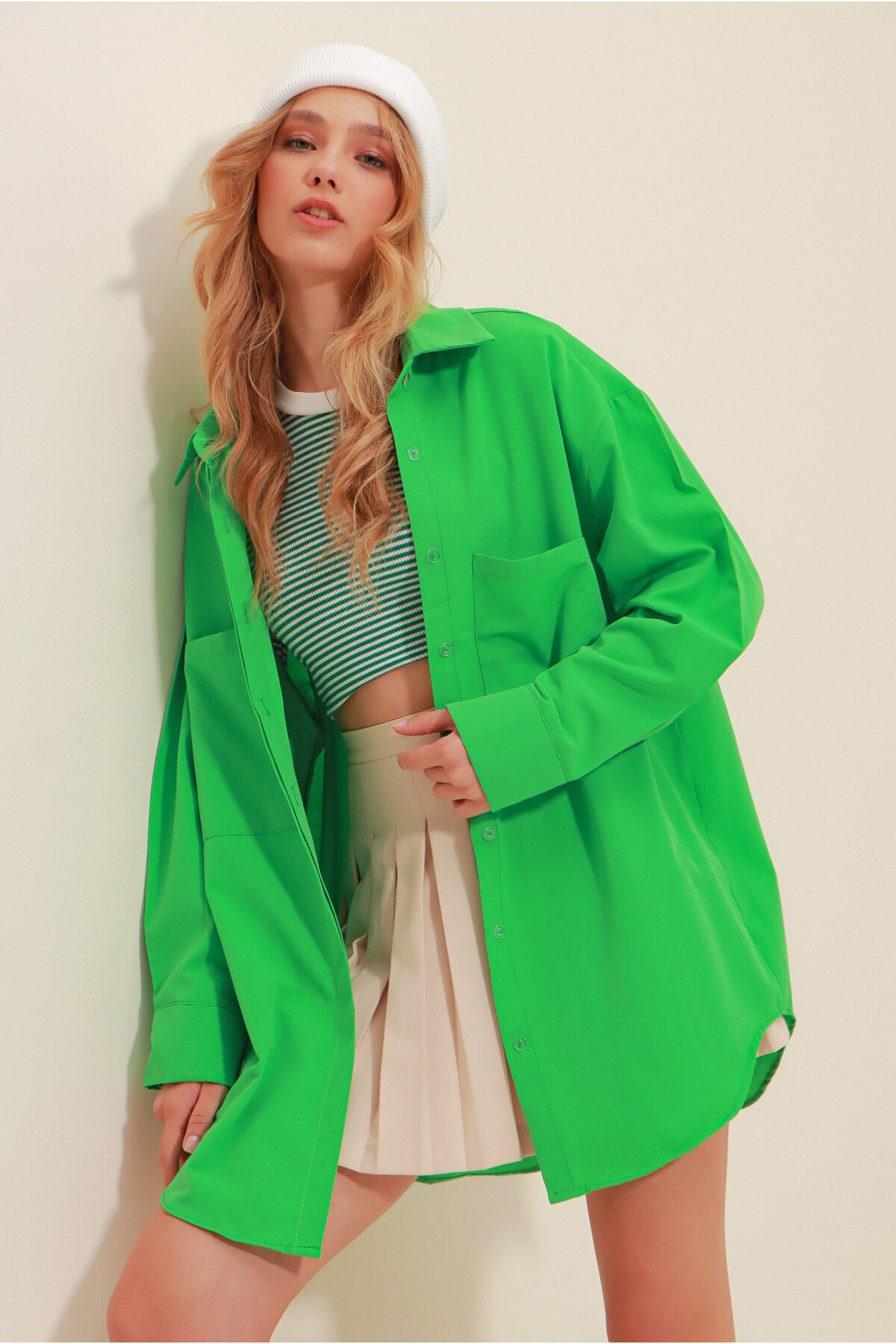 Yeşil Çift Cepli Oversize Poplin Gömlek