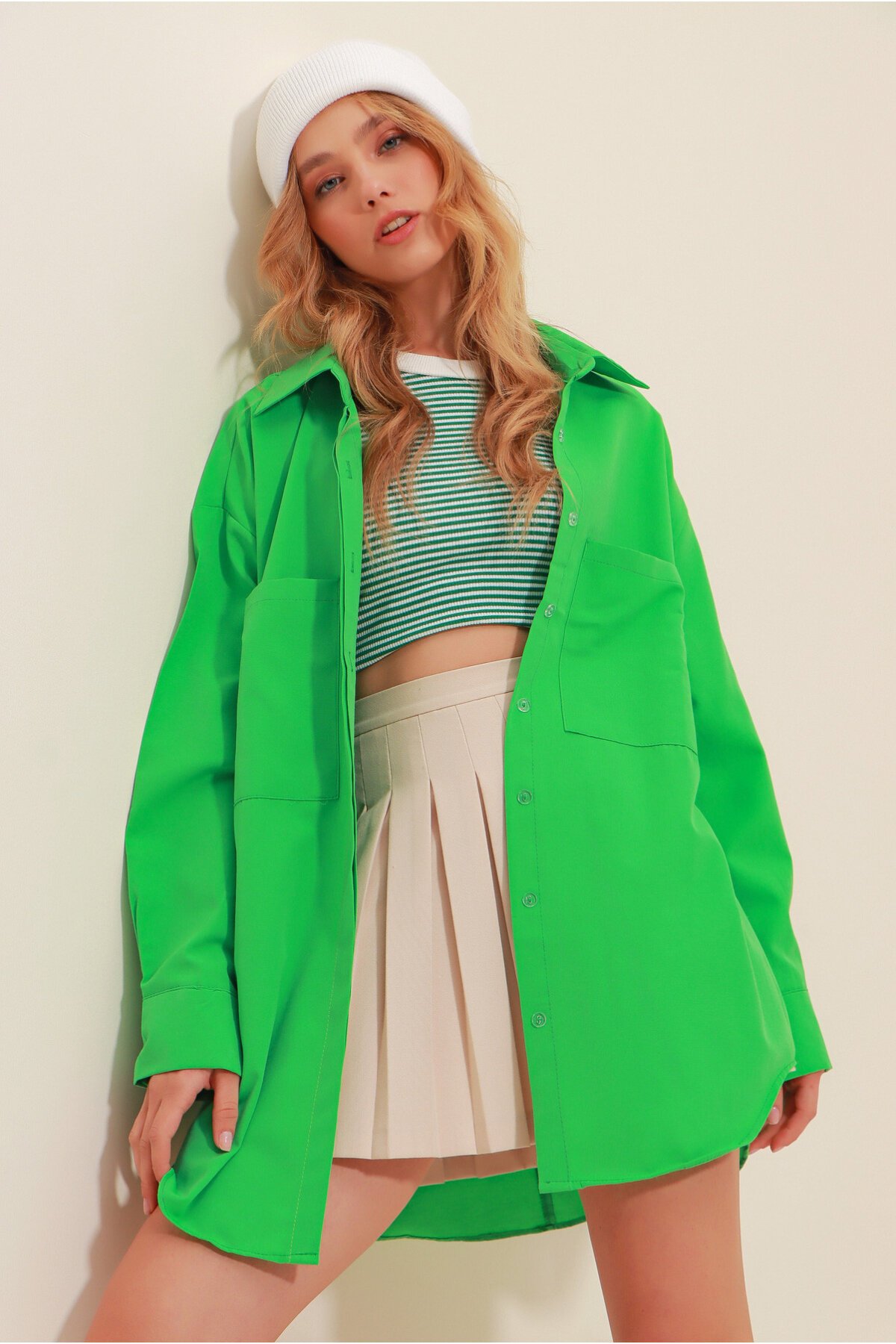 Yeşil Çift Cepli Oversize Poplin Gömlek