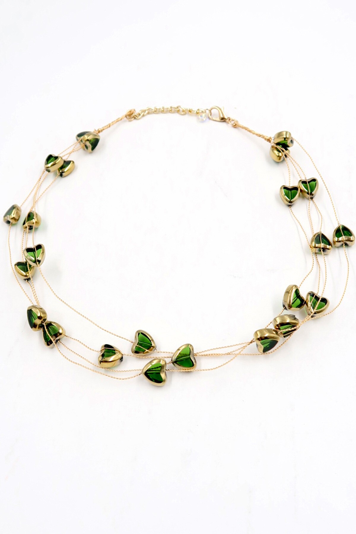 Yeşil Çoklu Kalp Taşlı Hayalet Kolye