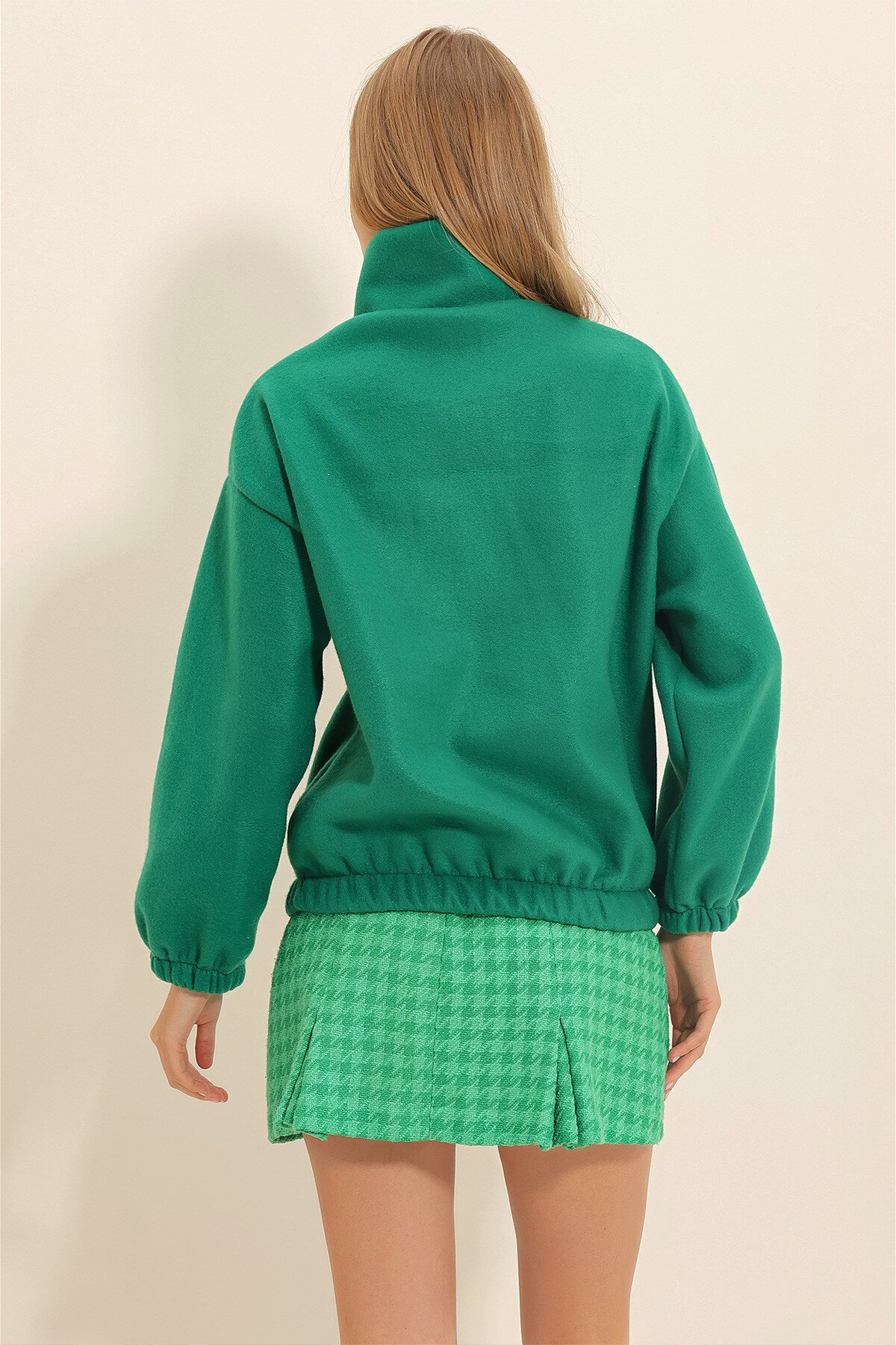 Yeşil Dik Yaka Fermuarlı Polar Sweatshirt