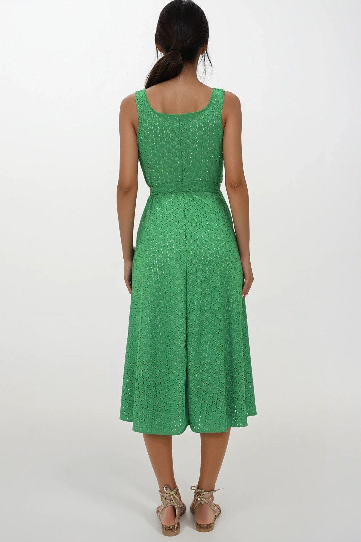 Yeşil Kare Yaka Askılı İçi Astarlı Maxi Boy Fisto Elbise