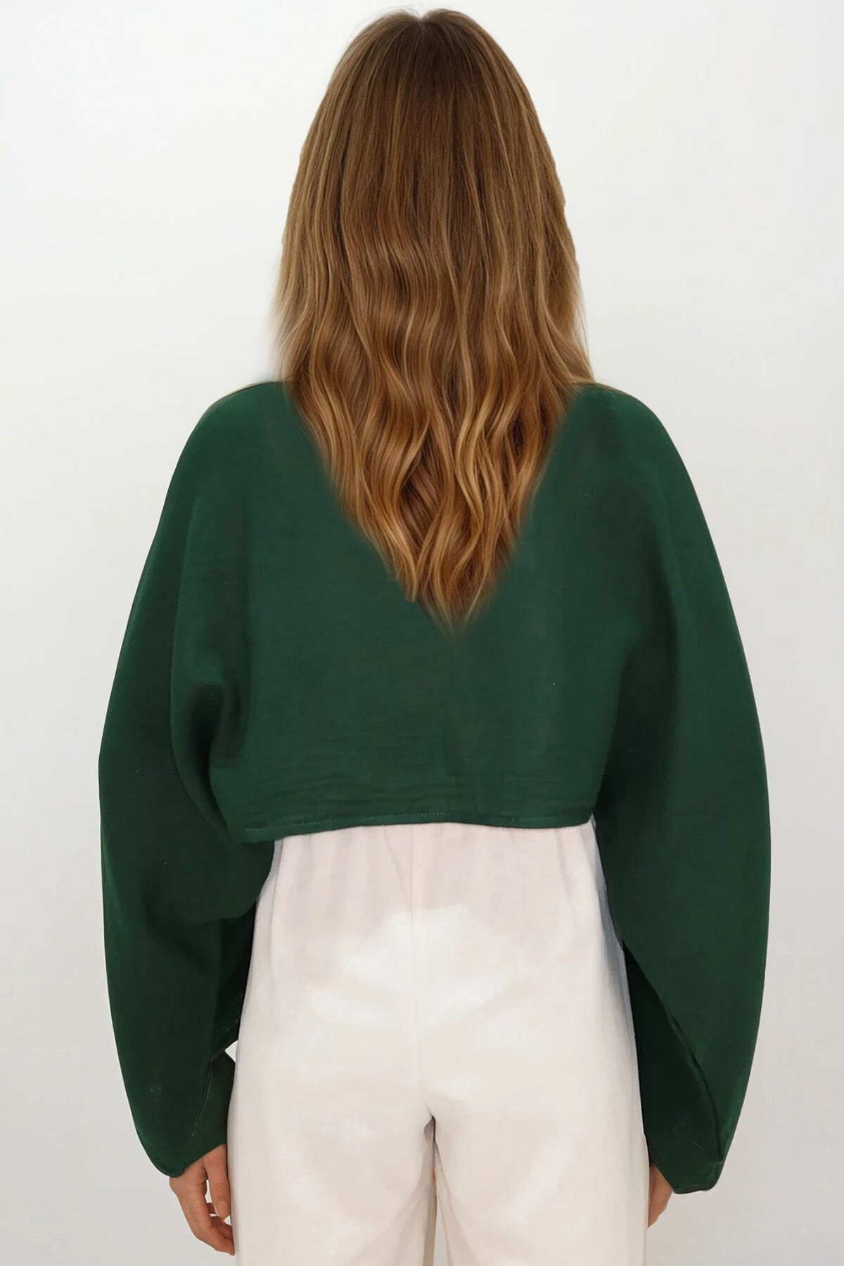 Yeşil Kayık Yaka Yarsa Kollu Crop Müslin Bluz