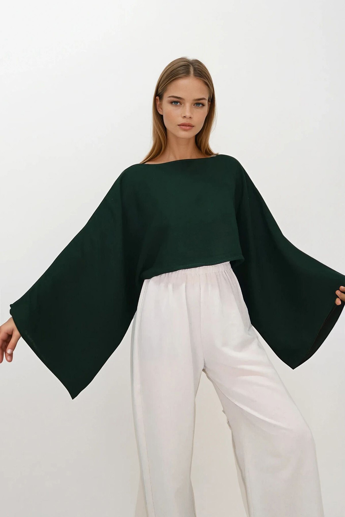 Yeşil Kayık Yaka Yarsa Kollu Crop Müslin Bluz