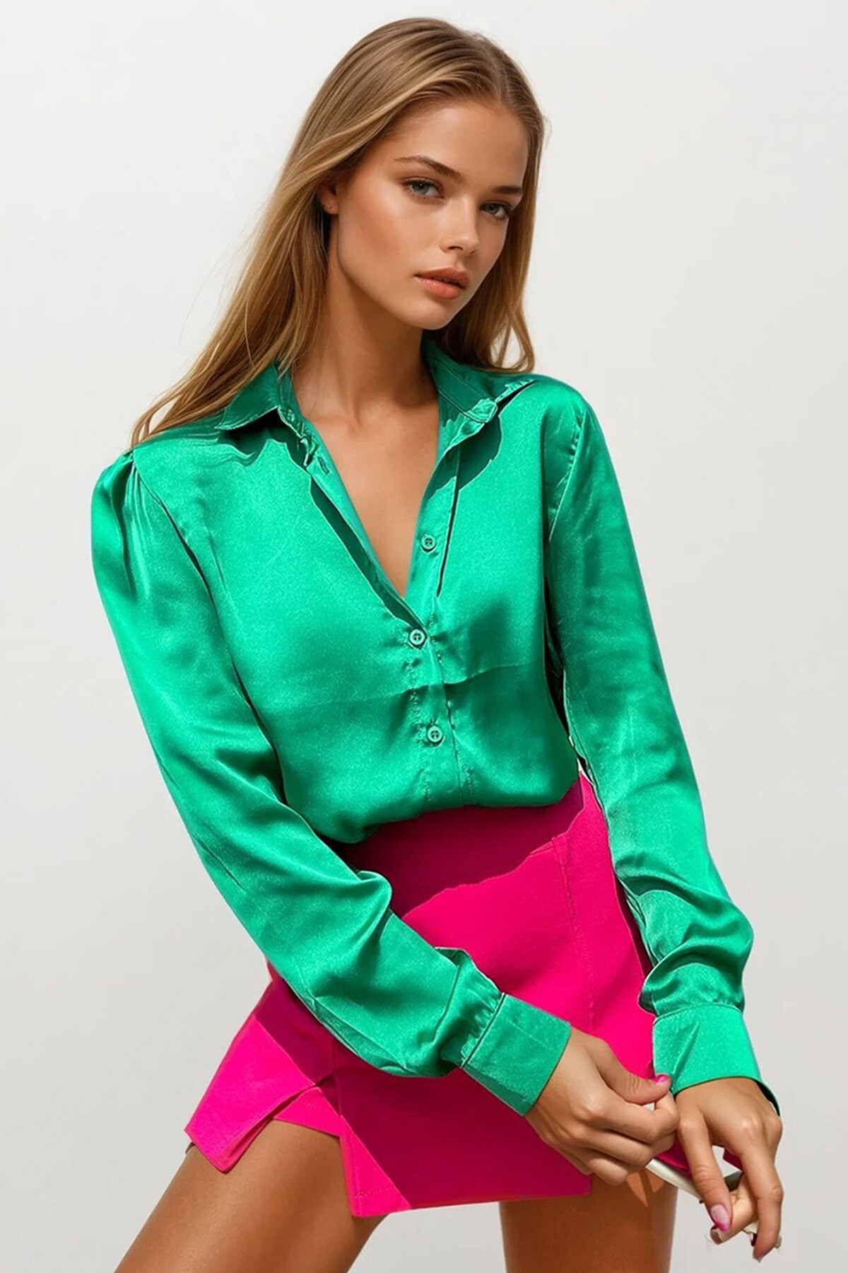Yeşil Saten Crop Gömlek