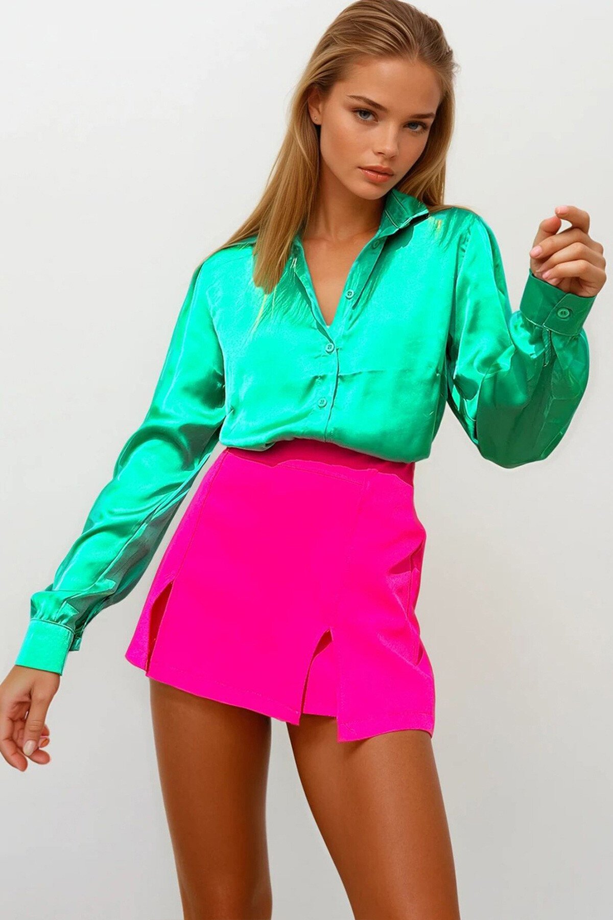 Yeşil Saten Crop Gömlek