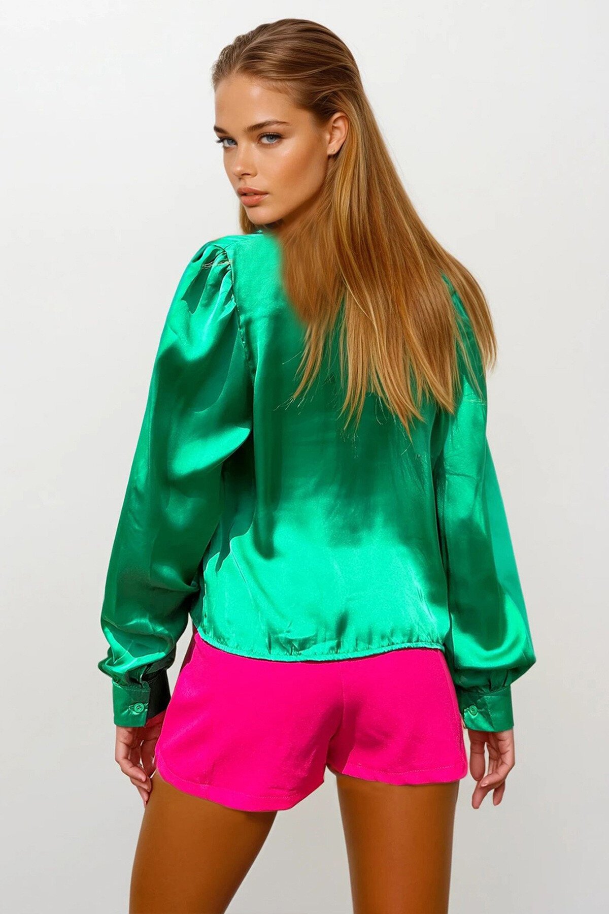 Yeşil Saten Crop Gömlek