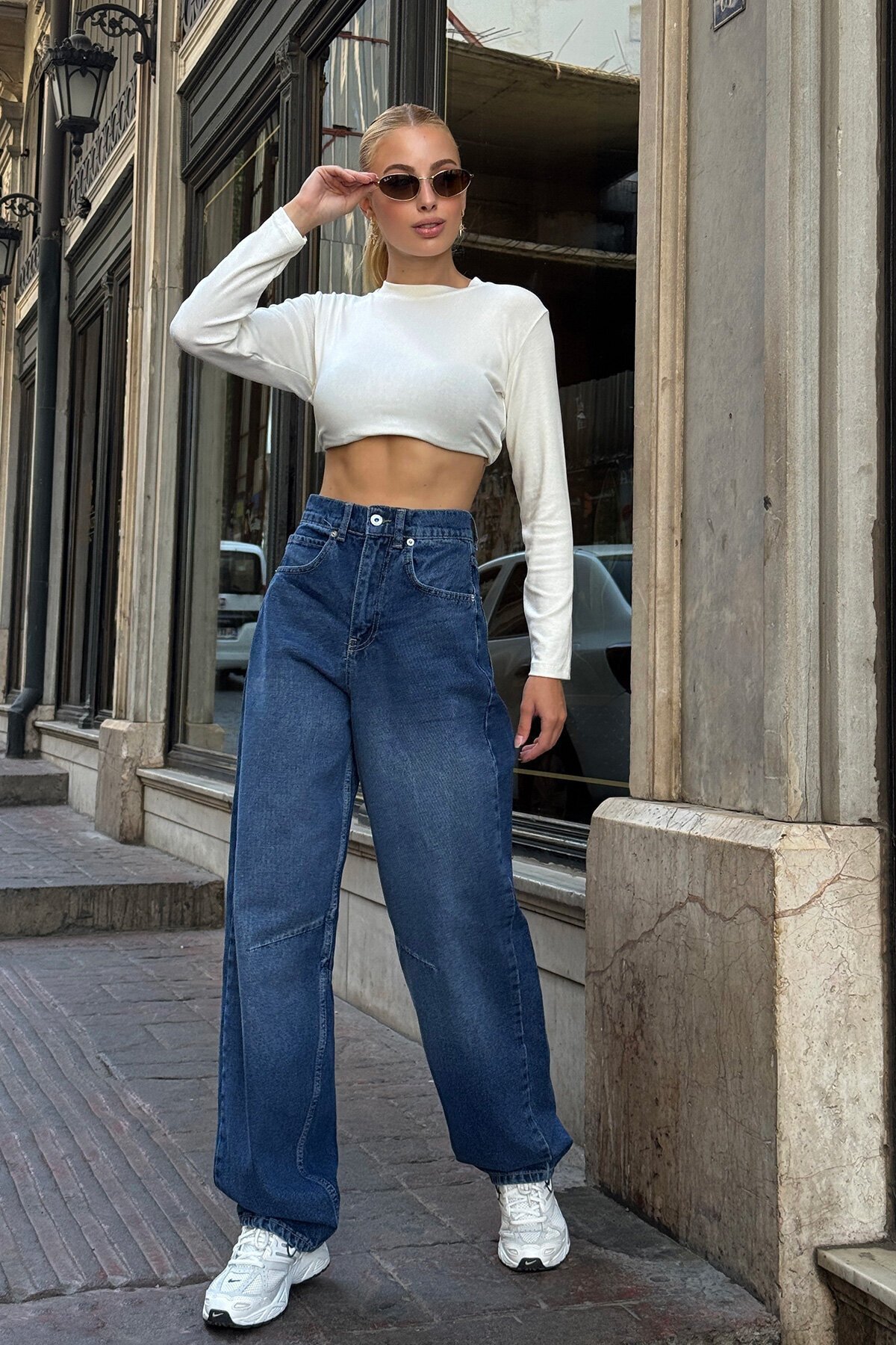 Koyu Mavi 5 Cepli Bol Paça Baggy Jean