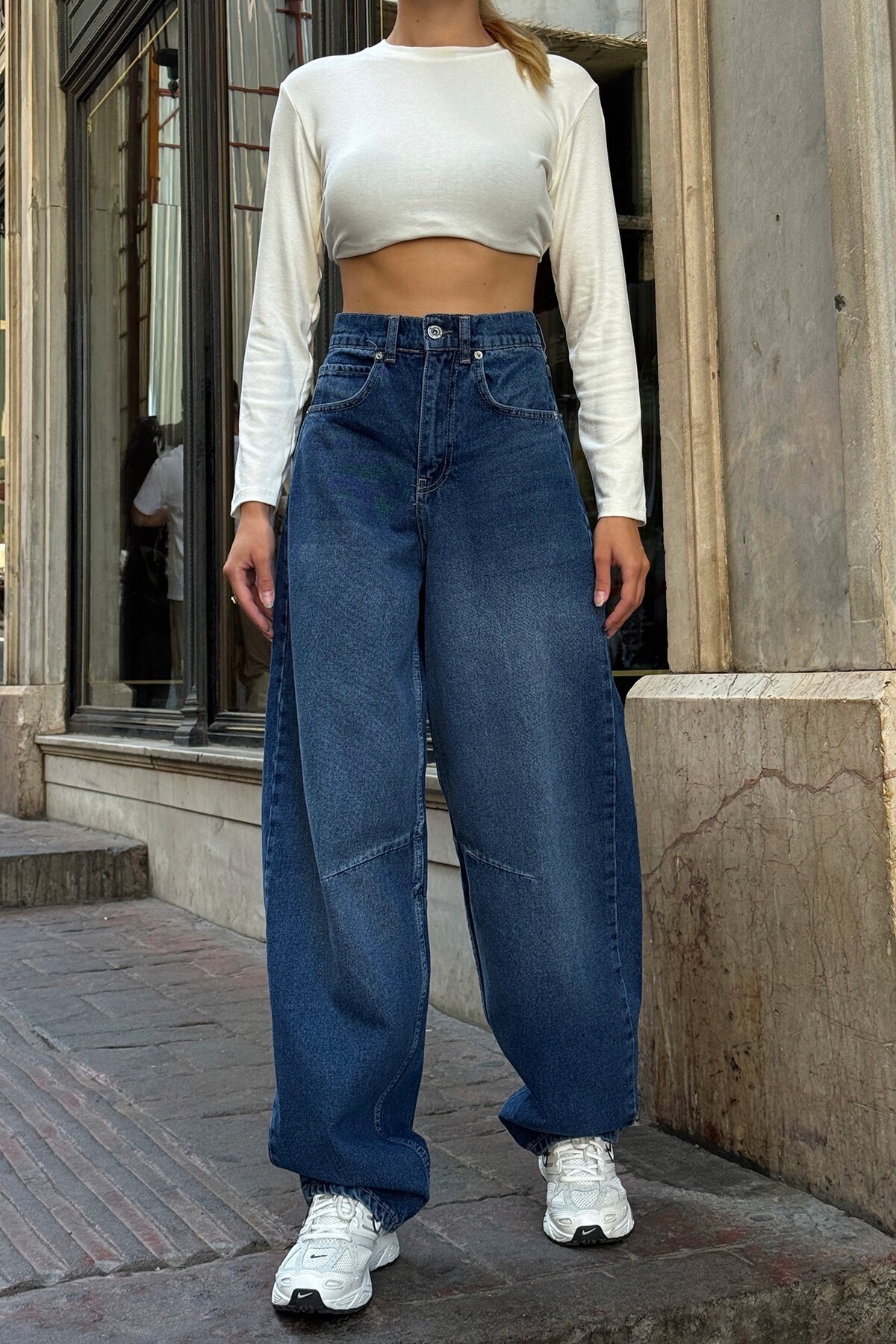 Koyu Mavi 5 Cepli Bol Paça Baggy Jean