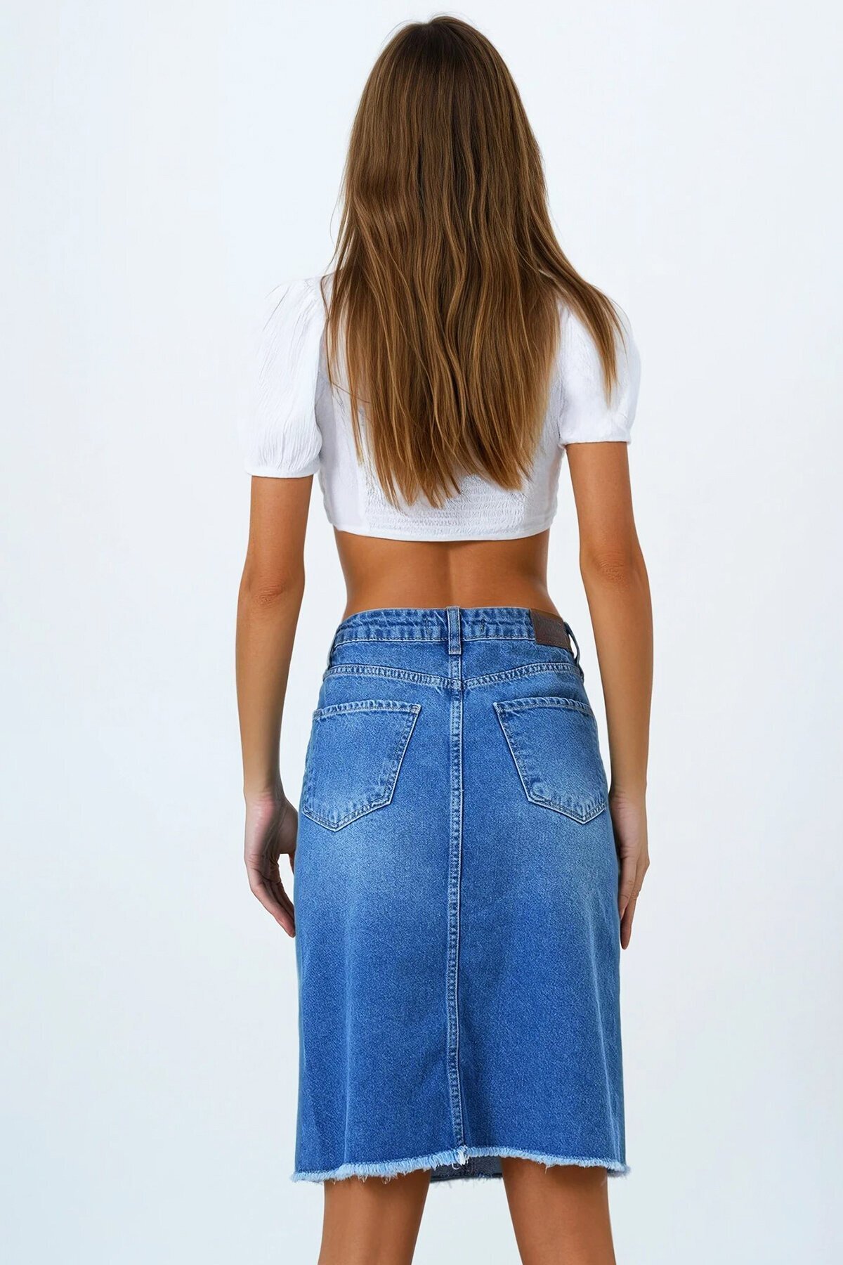 Koyu Mavi 5 Cepli Eteği Püsküllü Jean Etek