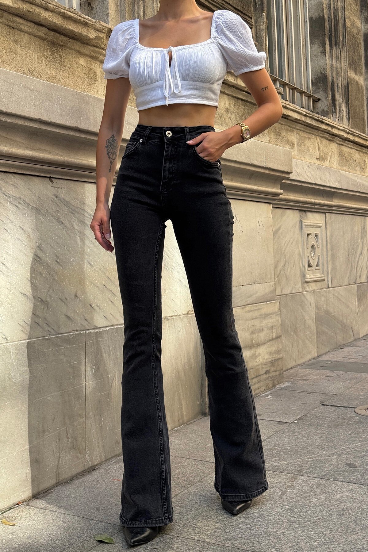 Antrasit 5 Cepli Full Likra İspanyol Paça Jean