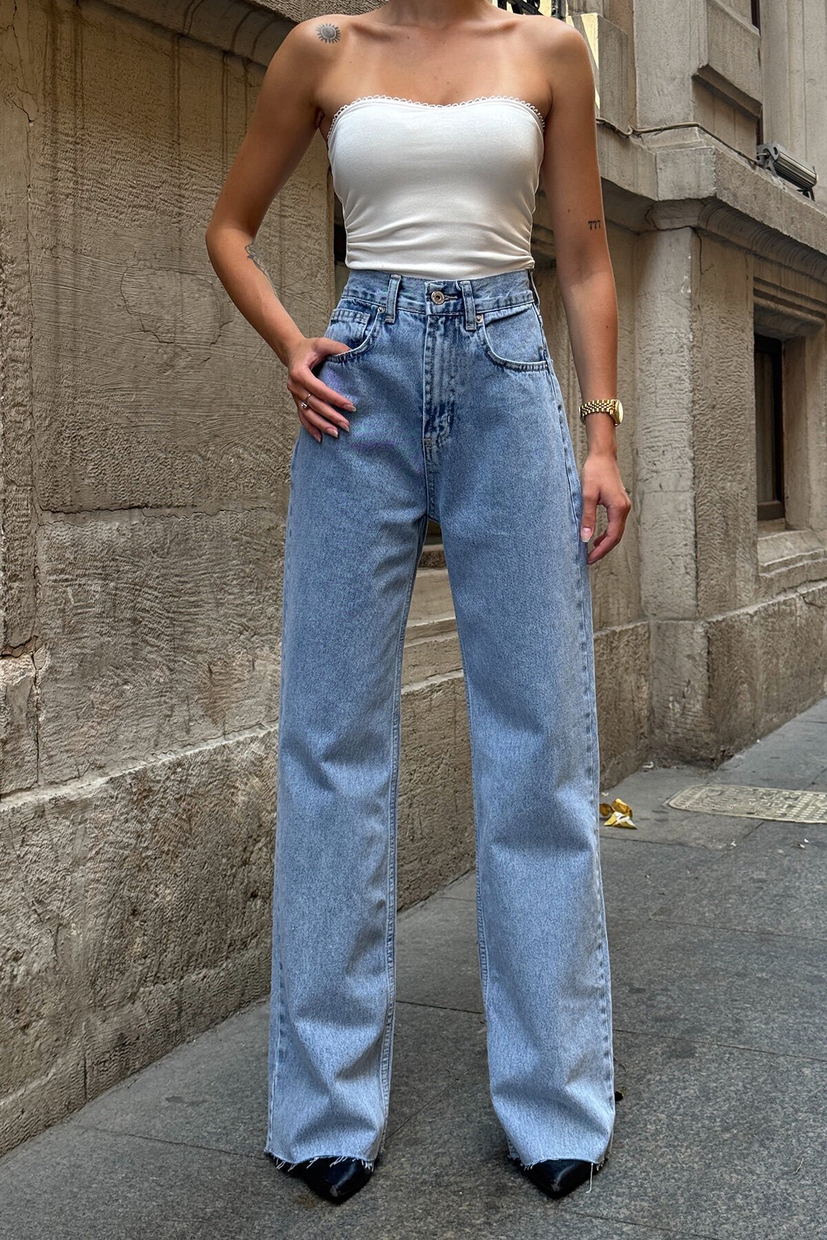 Mavi 5 Cepli Paçası Püsküllü Bol Paça Jean