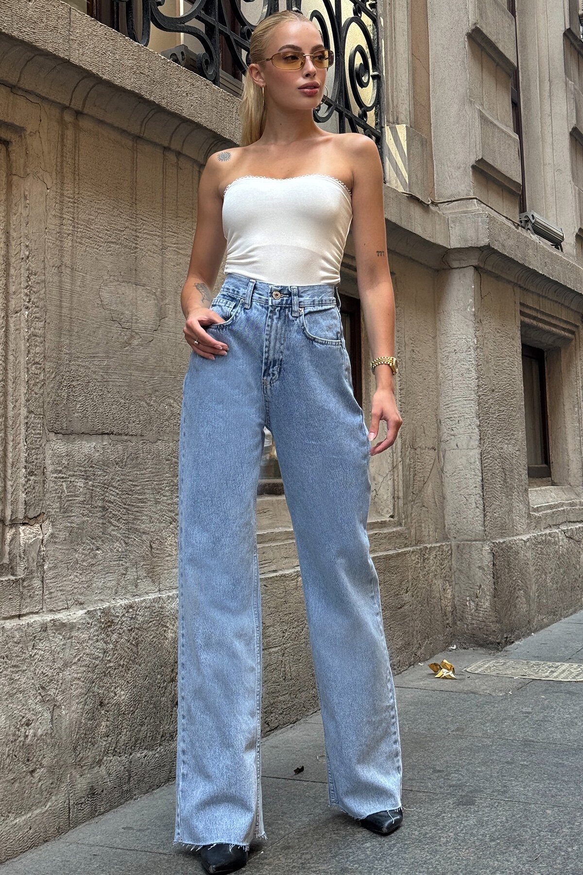 Mavi 5 Cepli Paçası Püsküllü Bol Paça Jean