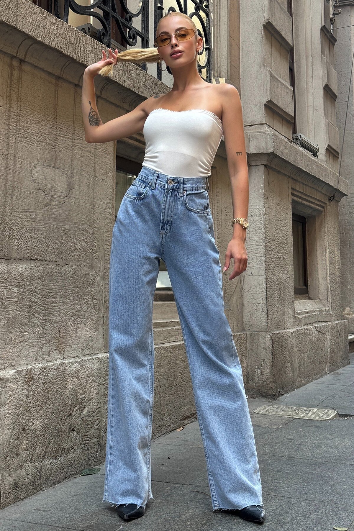 Mavi 5 Cepli Paçası Püsküllü Bol Paça Jean