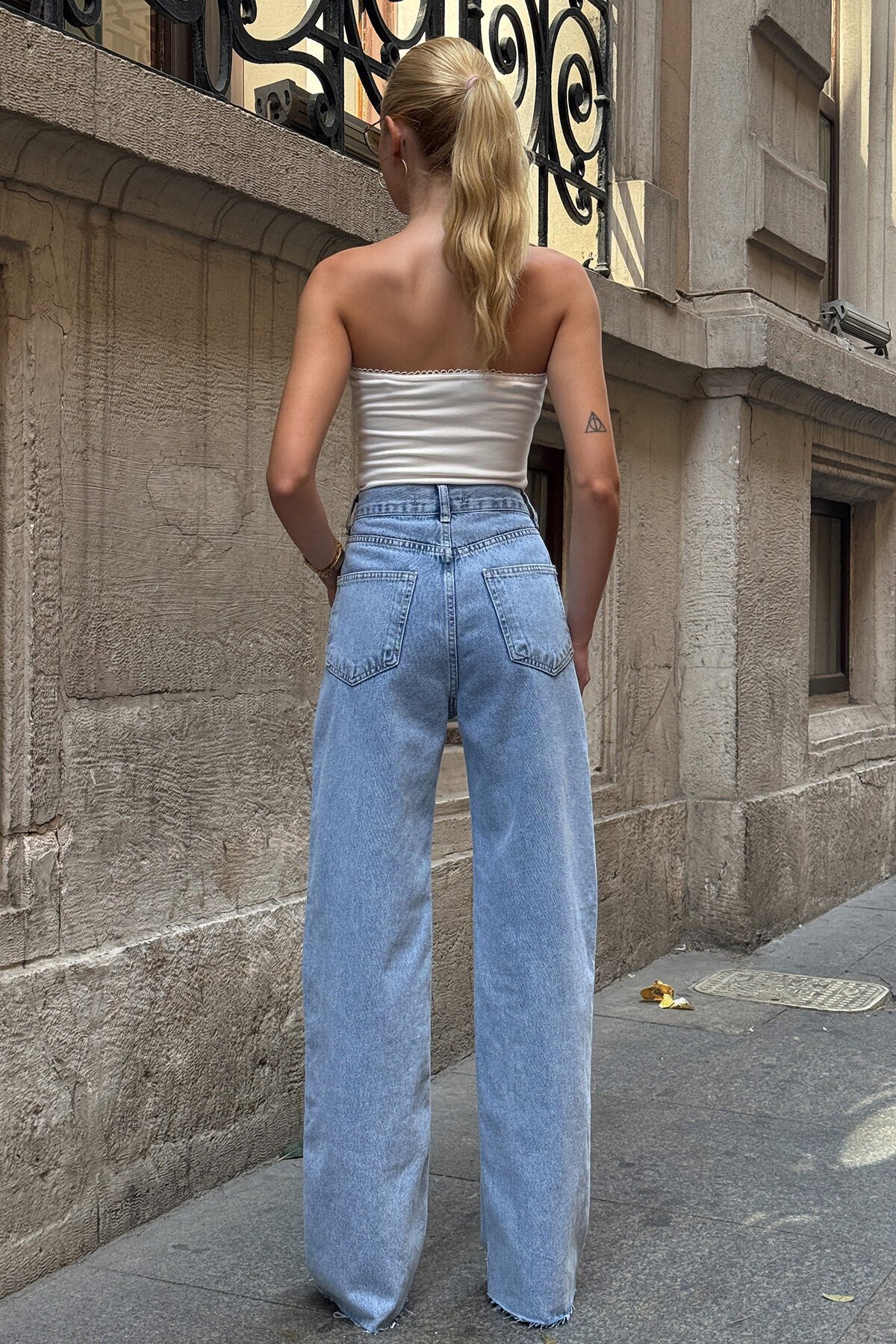 Mavi 5 Cepli Paçası Püsküllü Bol Paça Jean