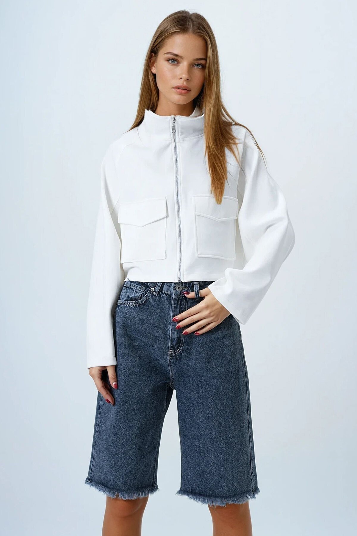 Antrasit 5 Cepli Paçası Püsküllü Denim Şort