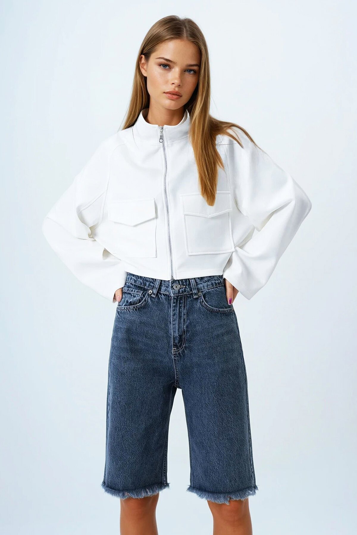 Antrasit 5 Cepli Paçası Püsküllü Denim Şort