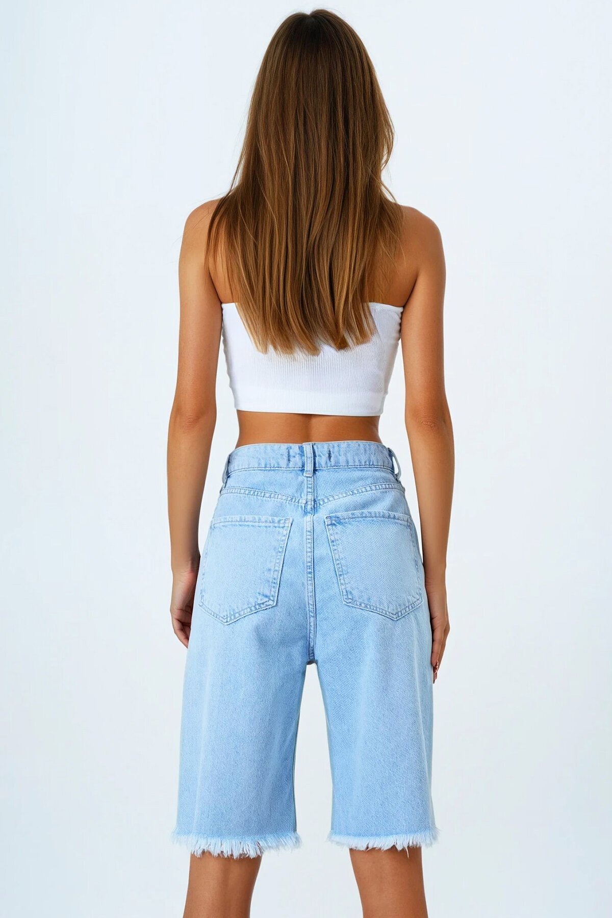 Buz Mavi 5 Cepli Paçası Püsküllü Denim Şort