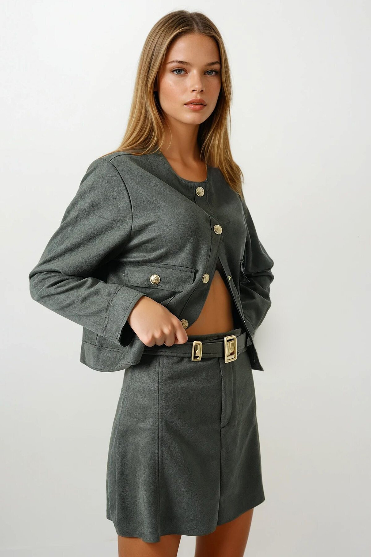 Haki Altın Tokalı Kemerli Süet Görünümlü Mini Etek