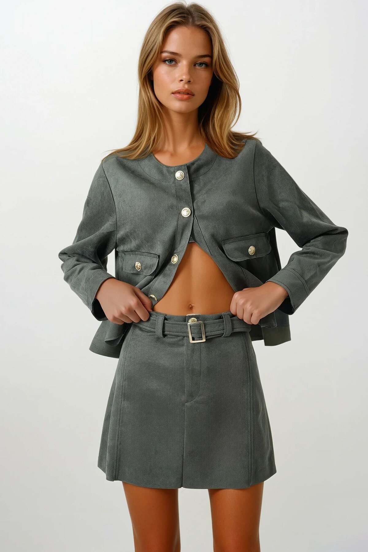 Haki Altın Tokalı Kemerli Süet Görünümlü Mini Etek