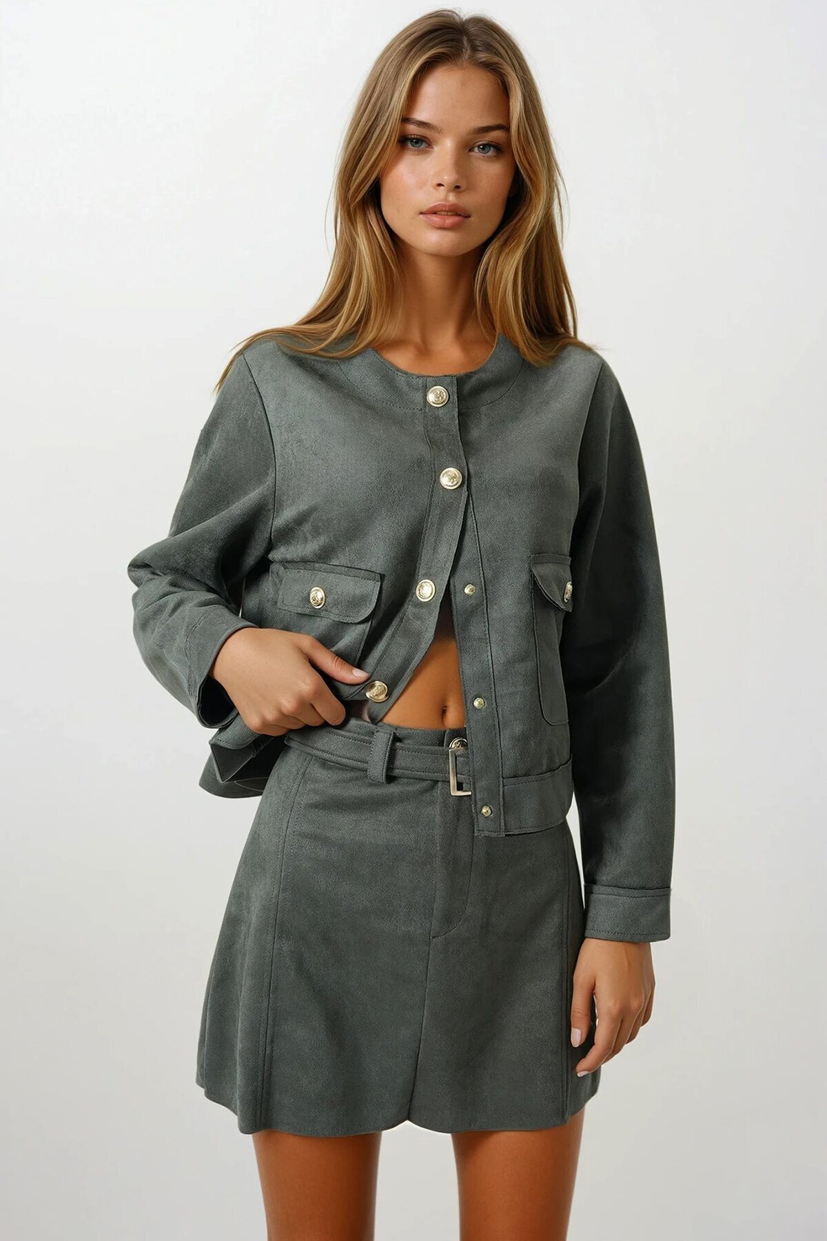 Haki Altın Tokalı Kemerli Süet Görünümlü Mini Etek