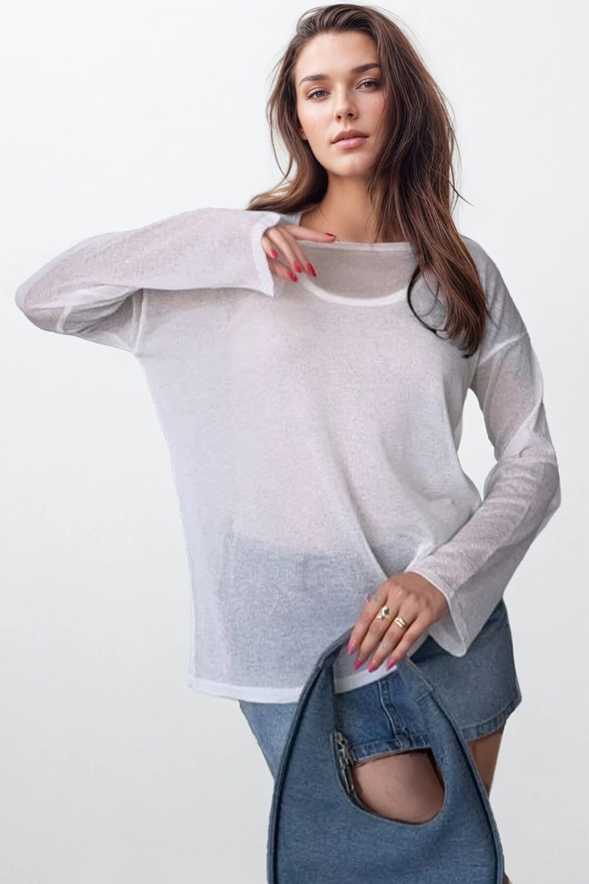 Beyaz Asimetrik Kesim Basic Bluz