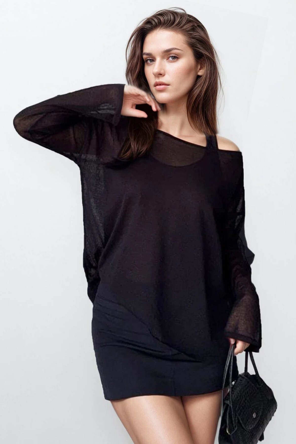 Siyah Asimetrik Kesim Basic Bluz