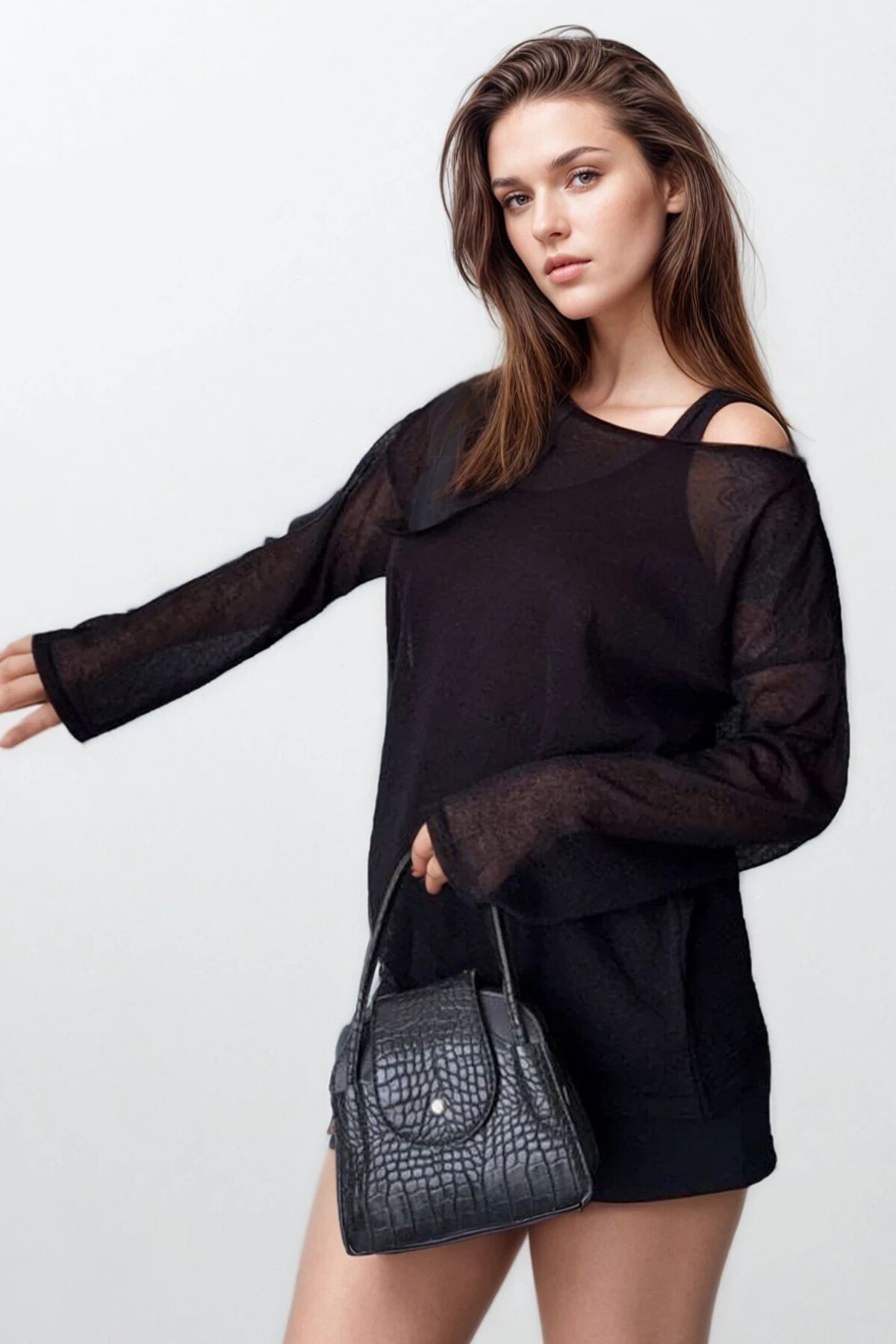 Siyah Asimetrik Kesim Basic Bluz