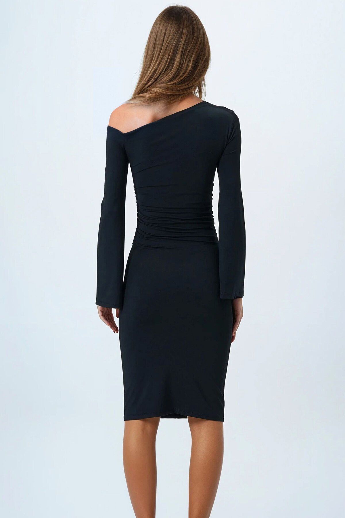 Siyah Asimetrik Yaka Basic Sandy Elbise