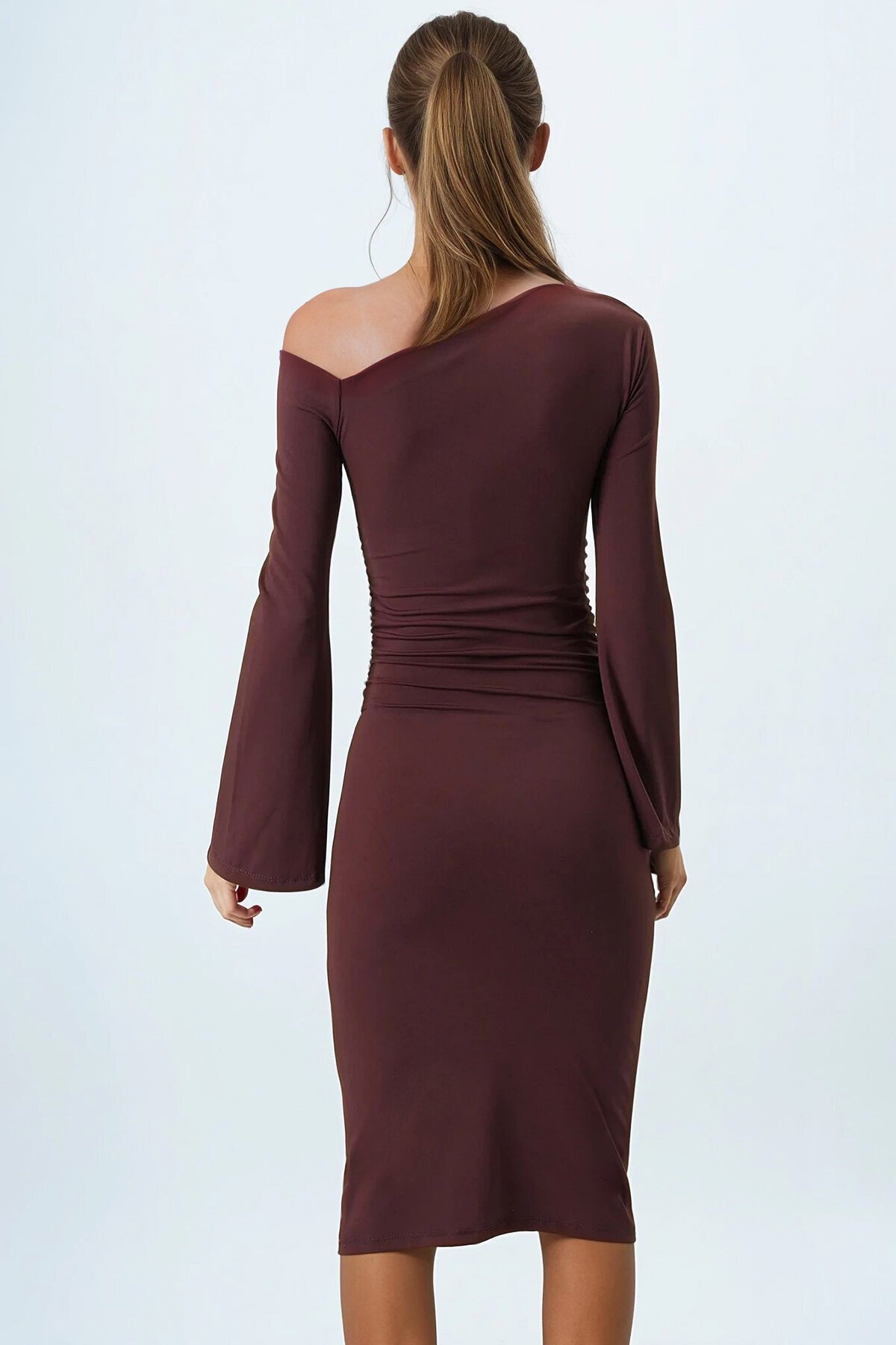 Kahverengi Asimetrik Yaka Basic Sandy Elbise