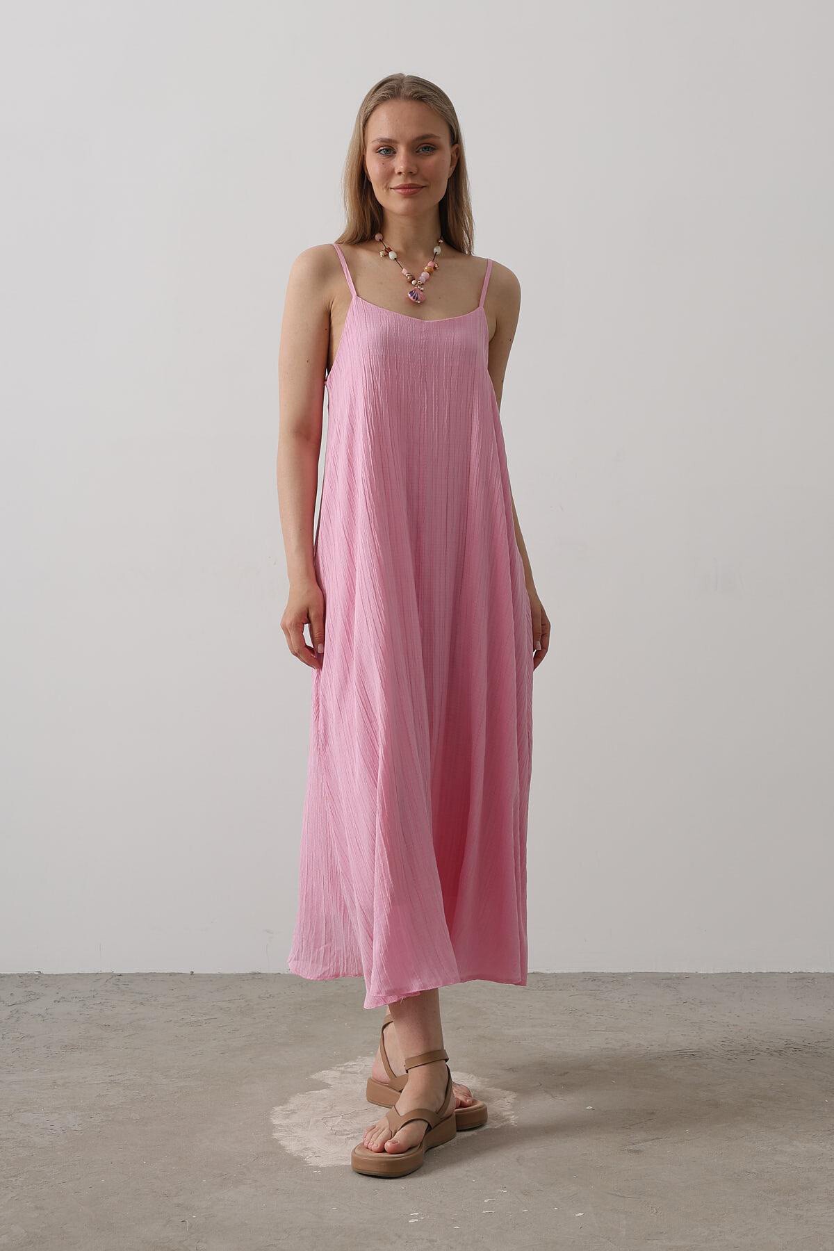 Şeker Pembe İnce İp Askılı Keten Midi Boy Elbise