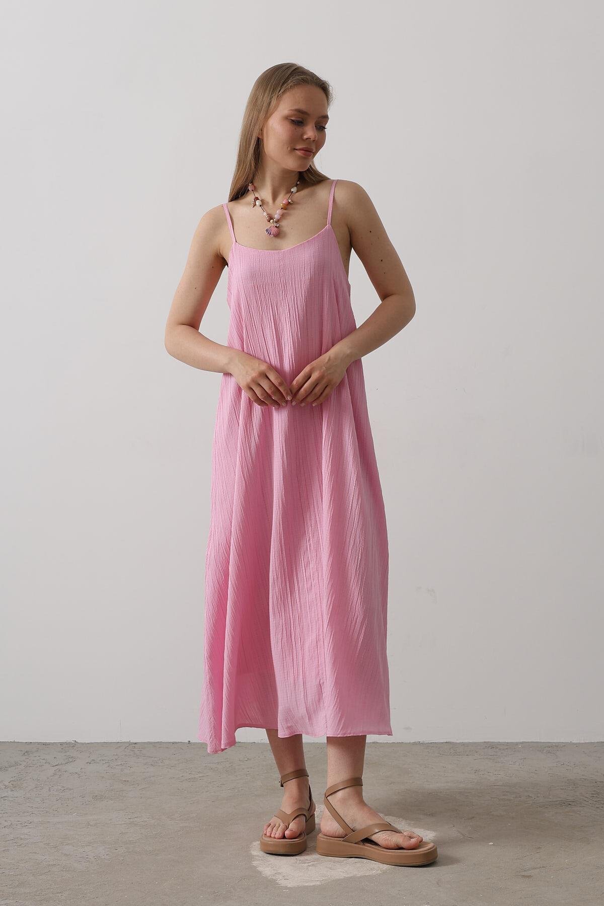 Şeker Pembe İnce İp Askılı Keten Midi Boy Elbise