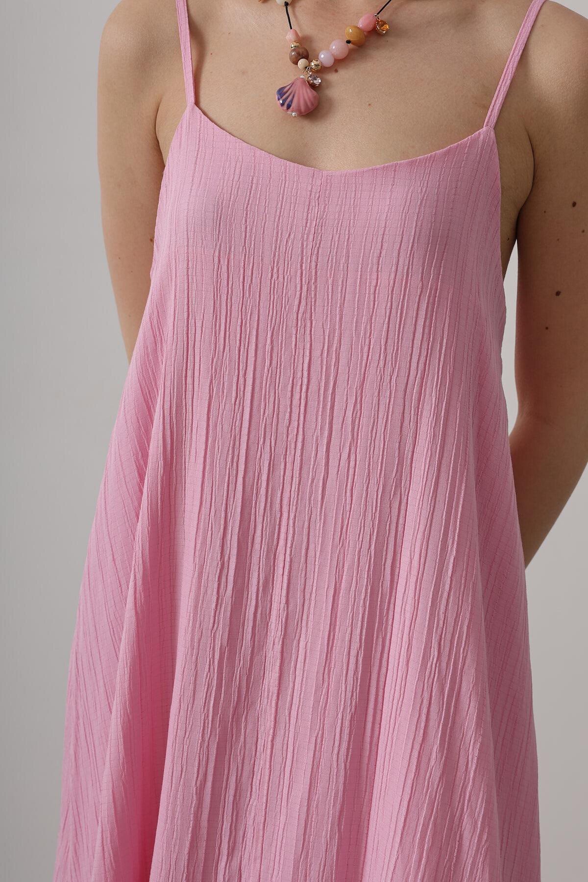 Şeker Pembe İnce İp Askılı Keten Midi Boy Elbise