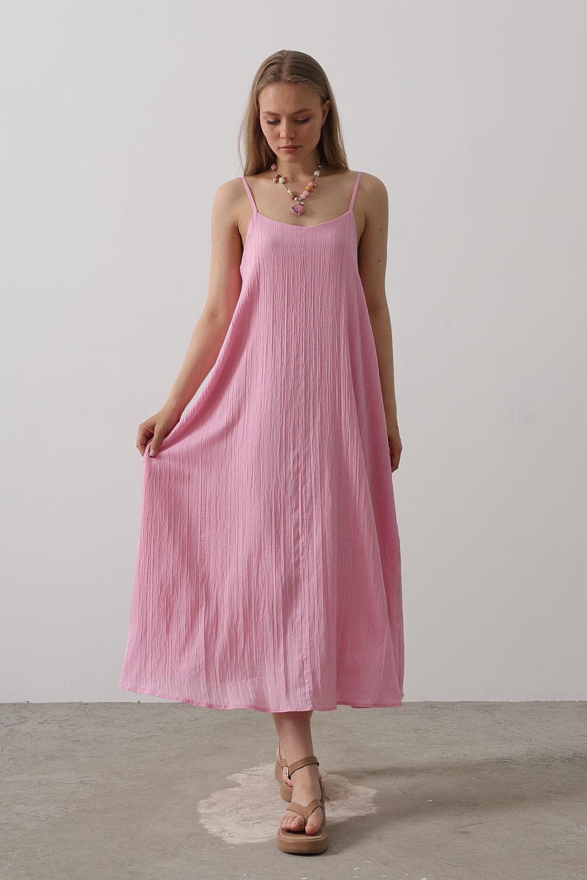 Şeker Pembe İnce İp Askılı Keten Midi Boy Elbise