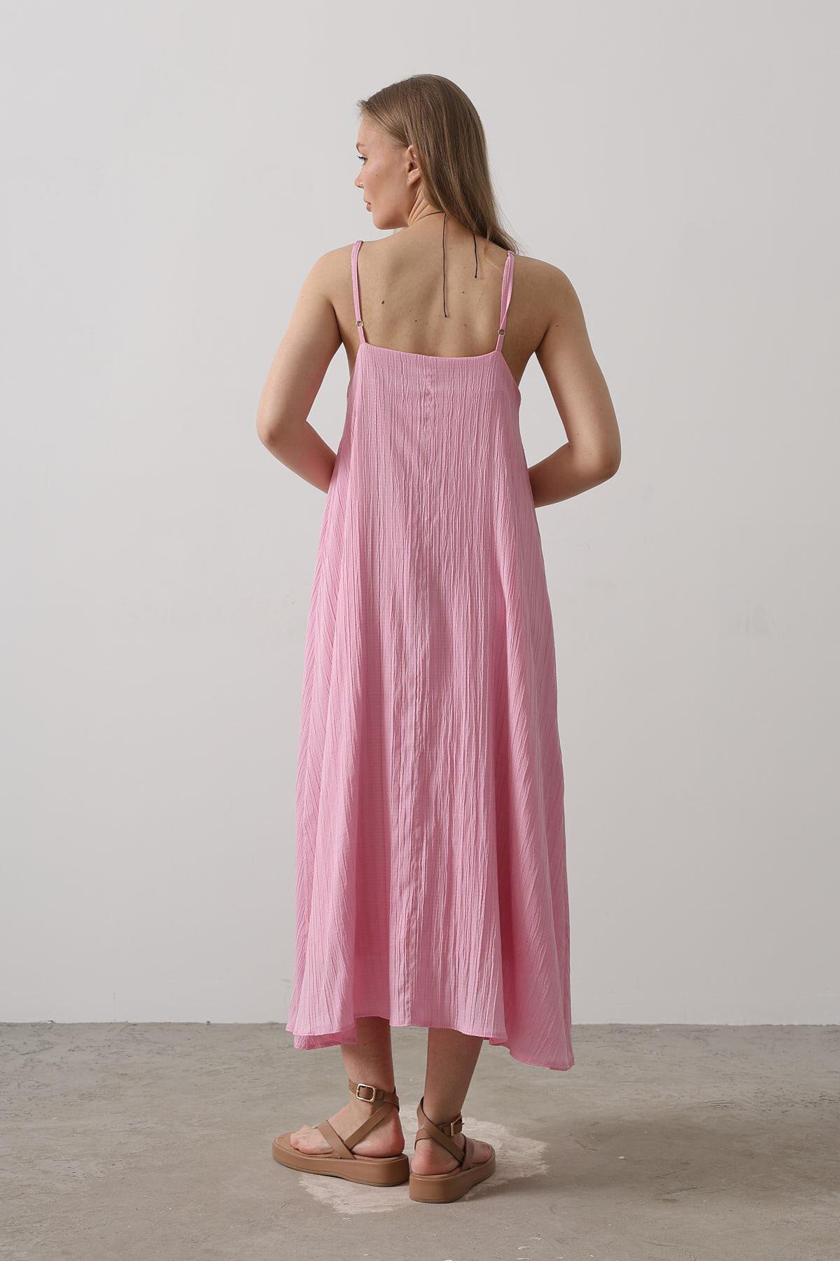 Şeker Pembe İnce İp Askılı Keten Midi Boy Elbise