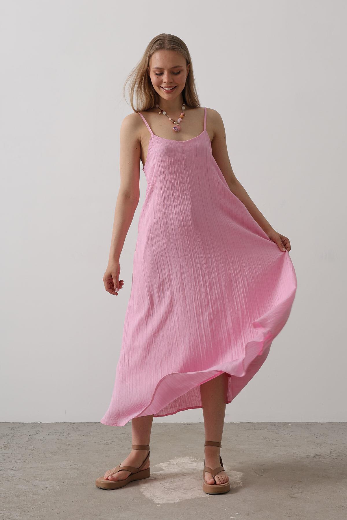 Şeker Pembe İnce İp Askılı Keten Midi Boy Elbise
