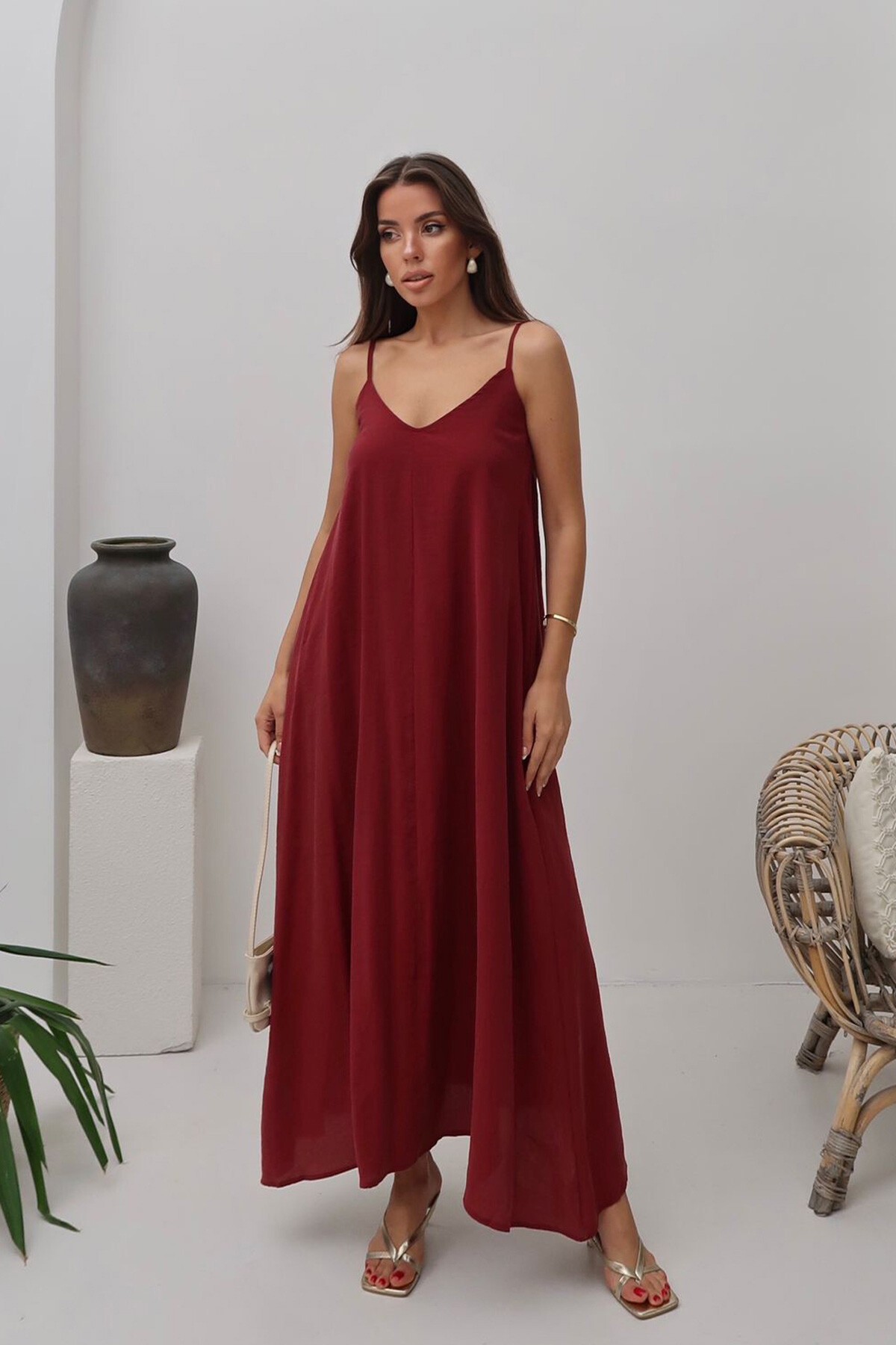 Bordo V Yaka Askılı Uzun Astarlı Salaş Elbise