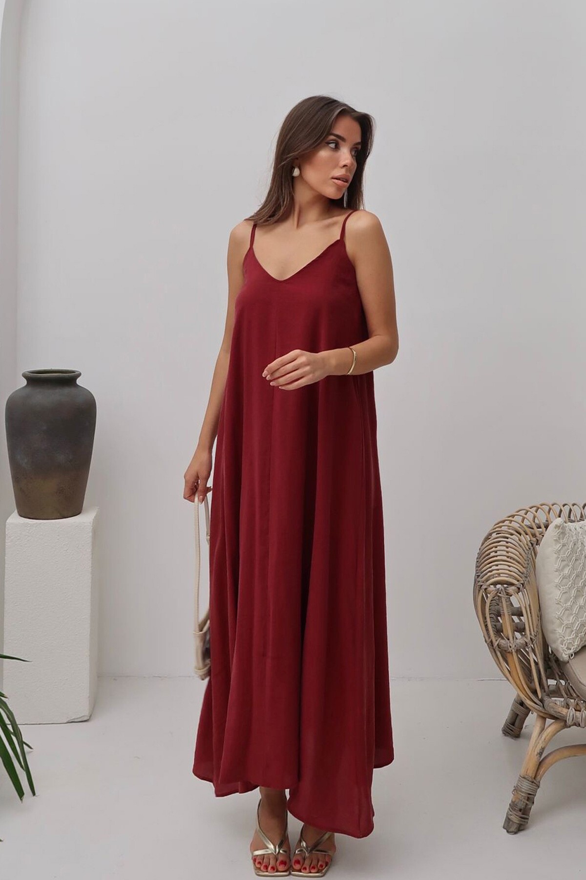 Bordo V Yaka Askılı Uzun Astarlı Salaş Elbise