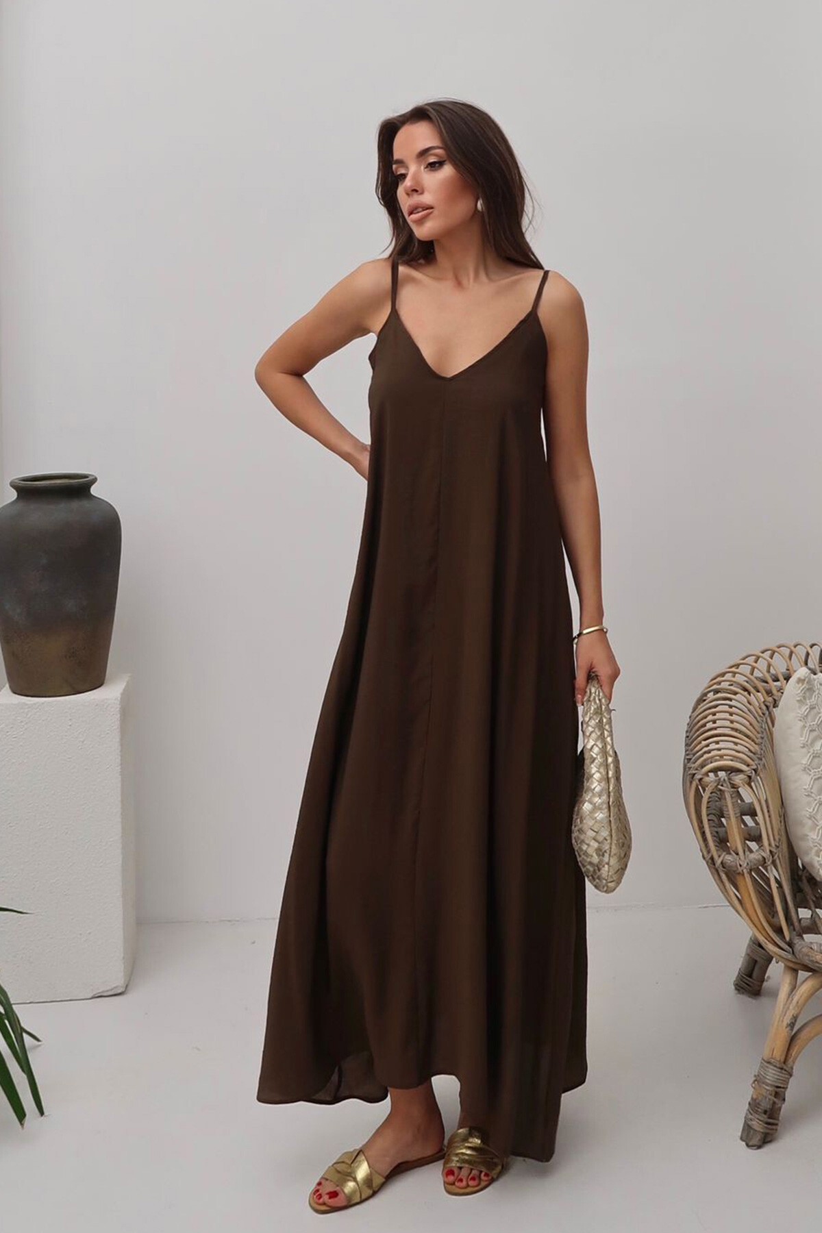 Acı Kahve V Yaka Askılı Uzun Astarlı Salaş Elbise