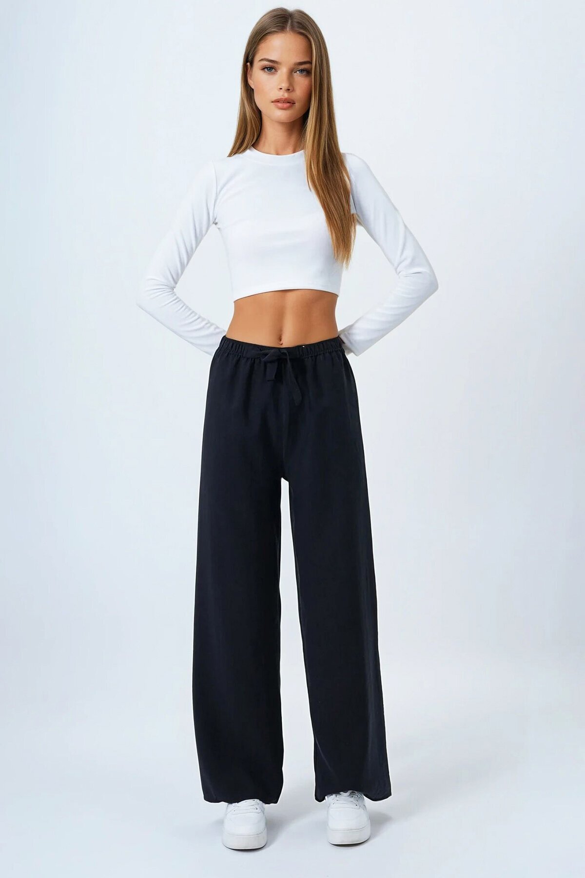 Antrasit Bağcıklı Beli Lastikli Palazzo Pantolon