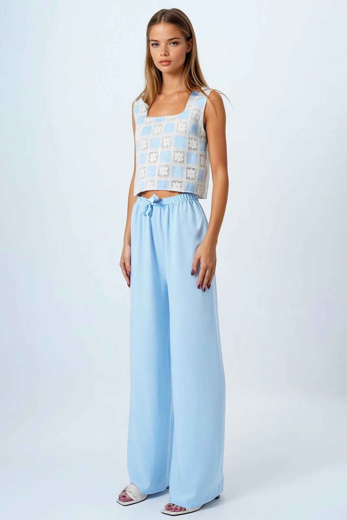 Bebe Mavi Bağcıklı Beli Lastikli Palazzo Pantolon