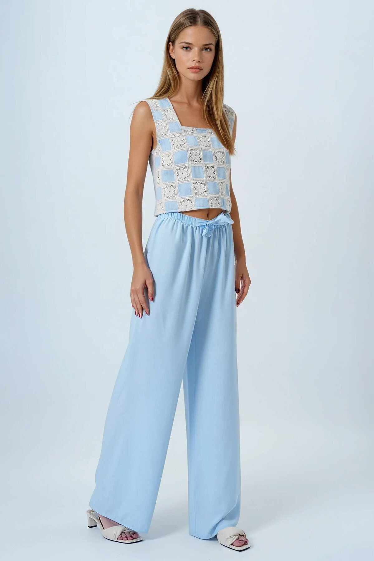 Bebe Mavi Bağcıklı Beli Lastikli Palazzo Pantolon