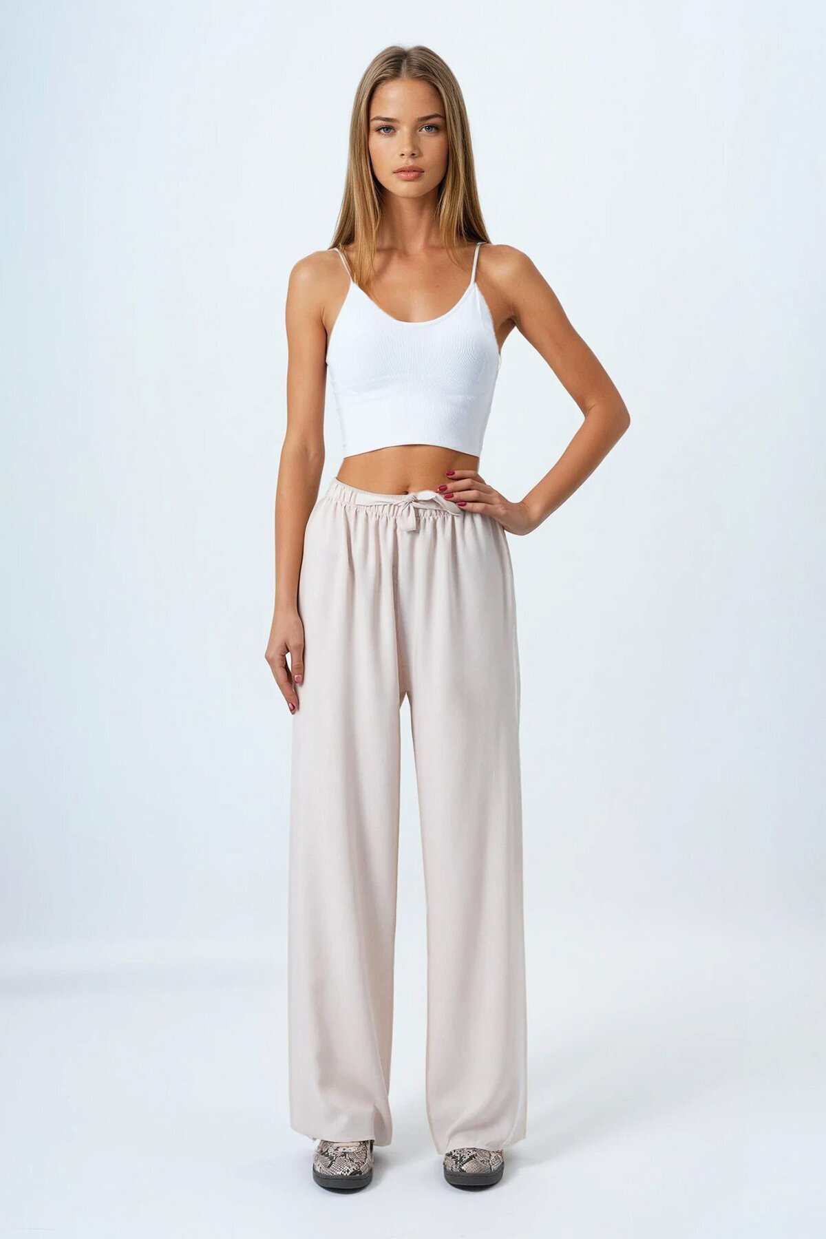 Bej Bağcıklı Beli Lastikli Palazzo Pantolon