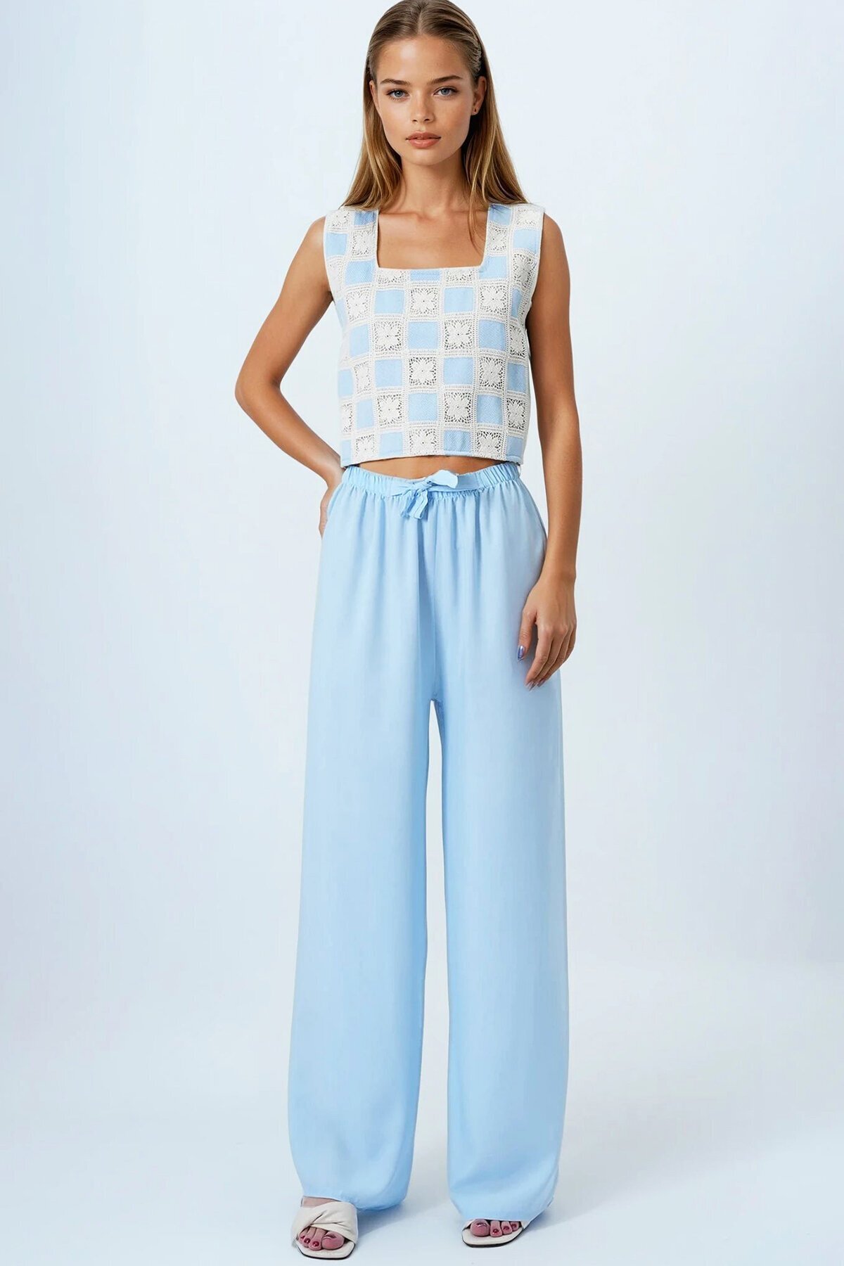 Bebe Mavi Bağcıklı Beli Lastikli Palazzo Pantolon