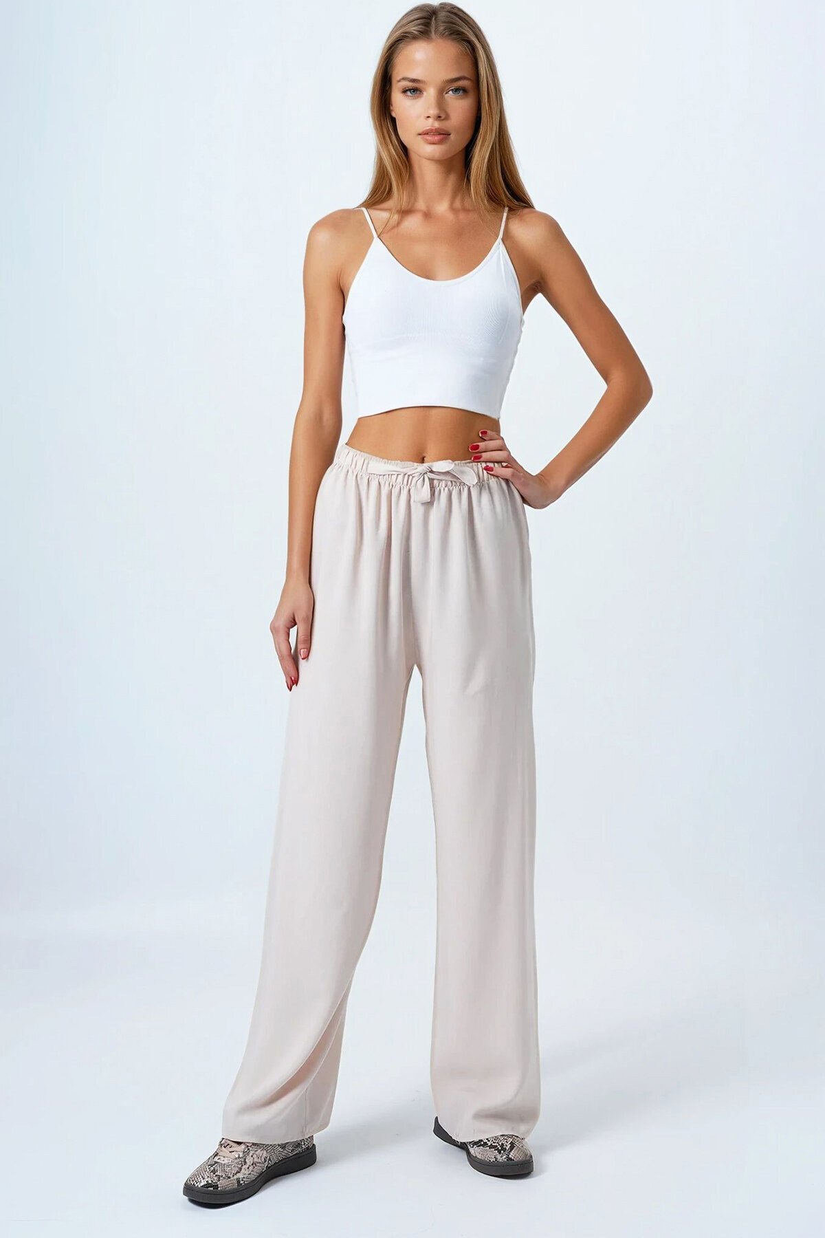 Bej Bağcıklı Beli Lastikli Palazzo Pantolon