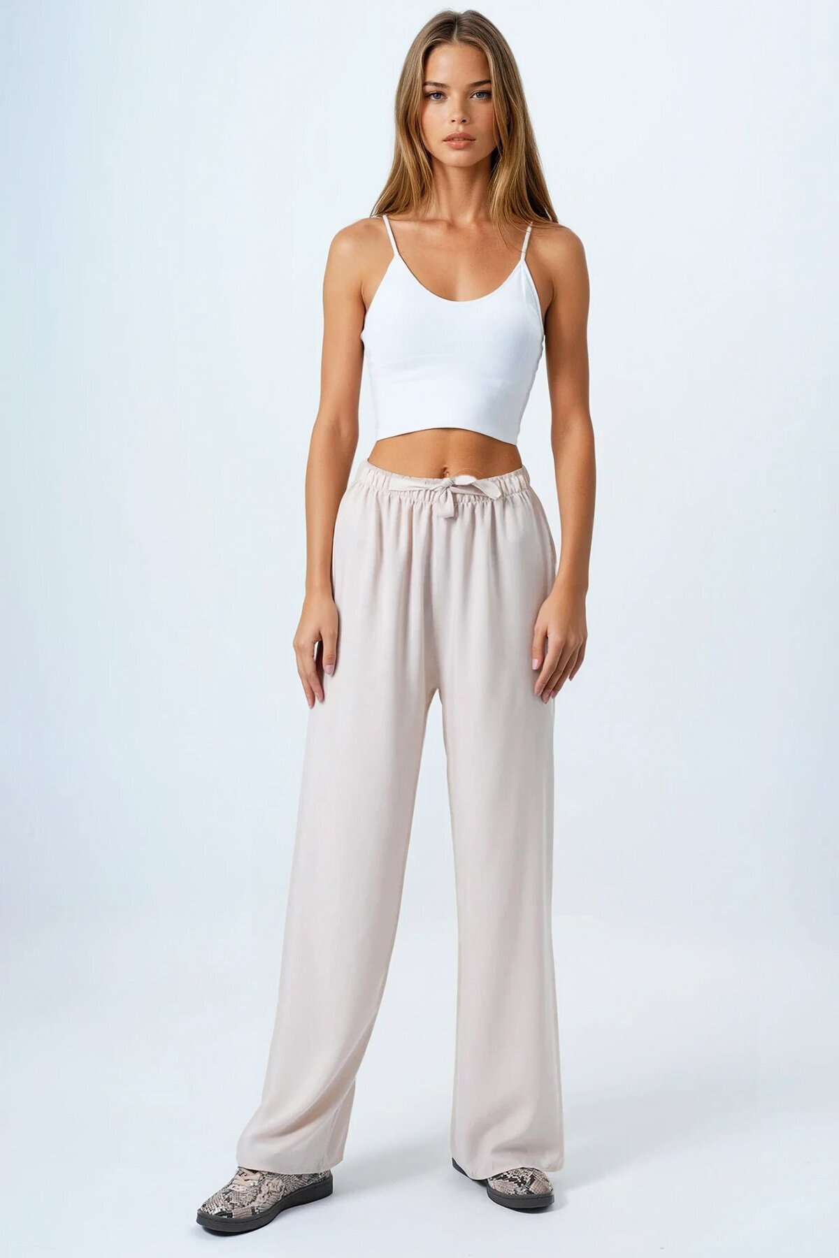 Bej Bağcıklı Beli Lastikli Palazzo Pantolon