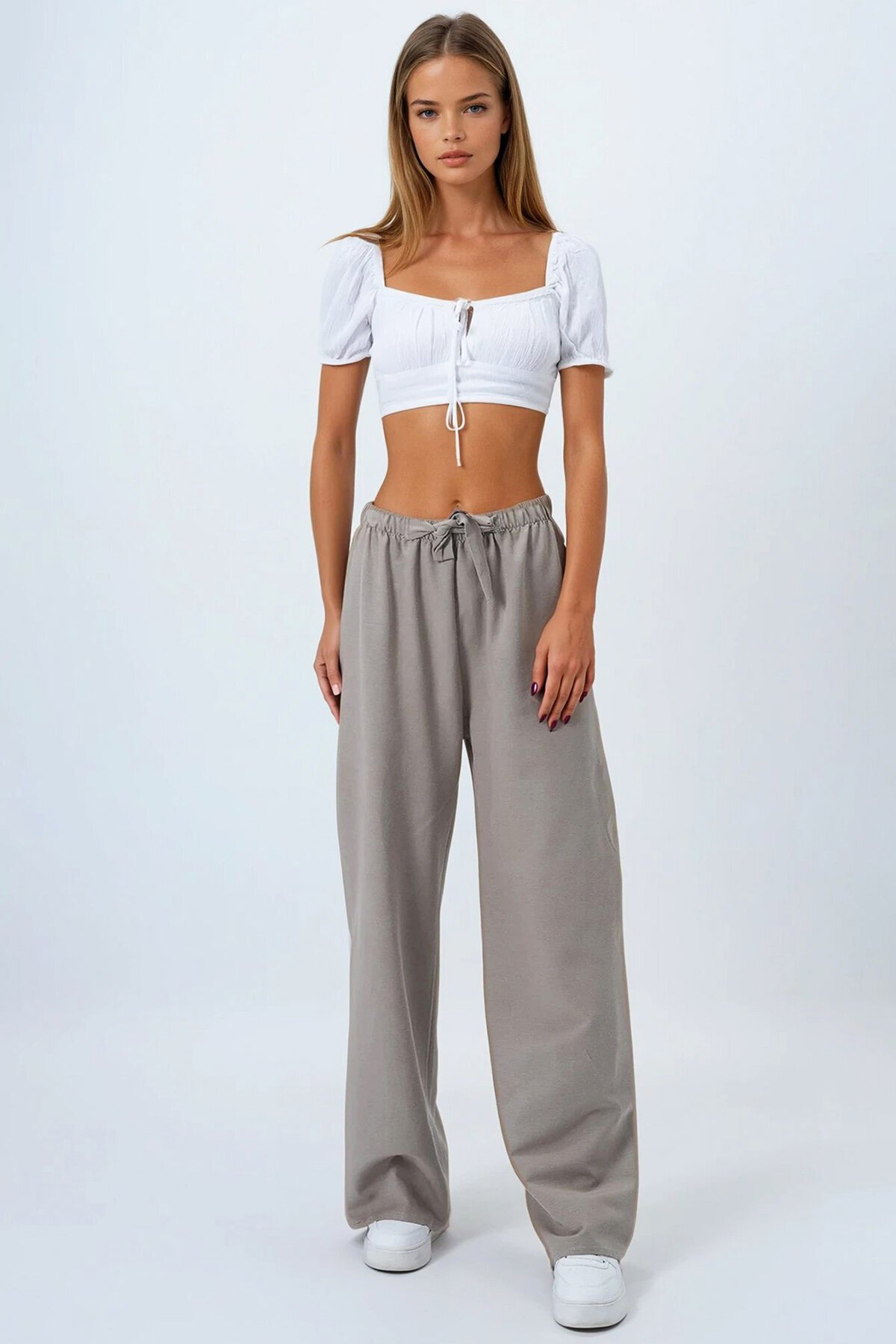 Gri Bağcıklı Beli Lastikli Palazzo Pantolon
