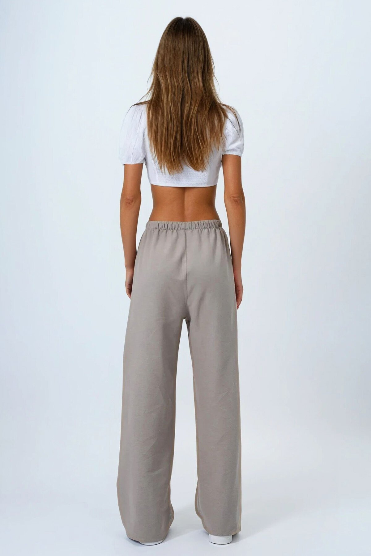 Gri Bağcıklı Beli Lastikli Palazzo Pantolon